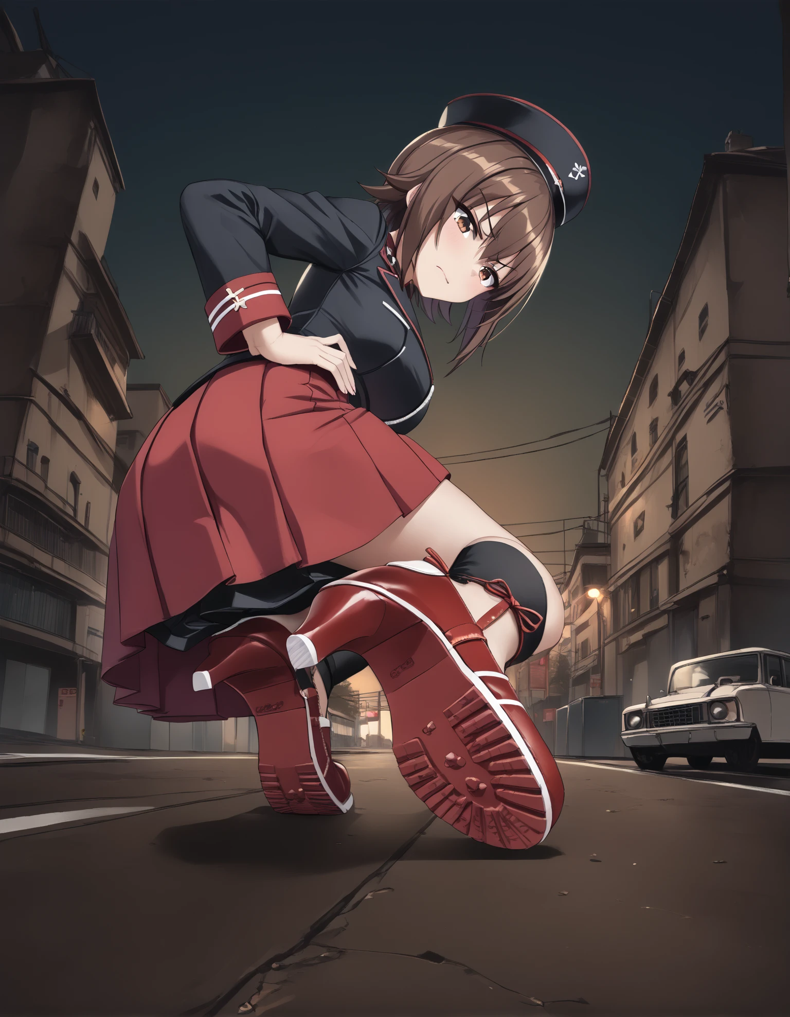 1girl, 
nishizumi maho, 1girl, brown hair, short hair, brown eyes,
kuromorimine military uniform, military hat, black jacket, long sleeves, red shirt, red skirt, pleated skirt,
sitting on tank, tank, ground vehicle, military vehicle, 
full body,
(wide angle:1.2),
(from below:1.2), (foreshortening:1.5), long legs, foot focus,
hands on hips, disgusted,
outdoors,
(sp0rty heels), 
embedding:zPDXL2 ,