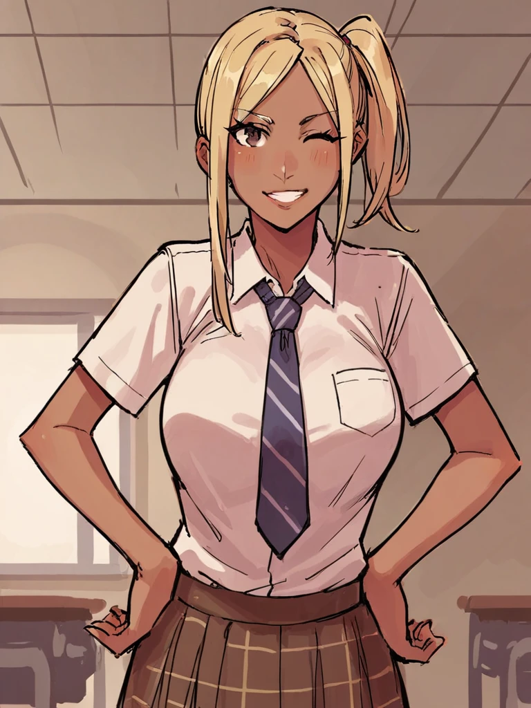 score_9, score_8_up, score_7_up, 
1girl, blonde hair, dark-skinned female, side ponytail, white shirt, short sleeves, plaid skirt, standing , classroom, hands on hips, wink, looking at viewer, brown eyes,
large breasts, necktie, school uniform,