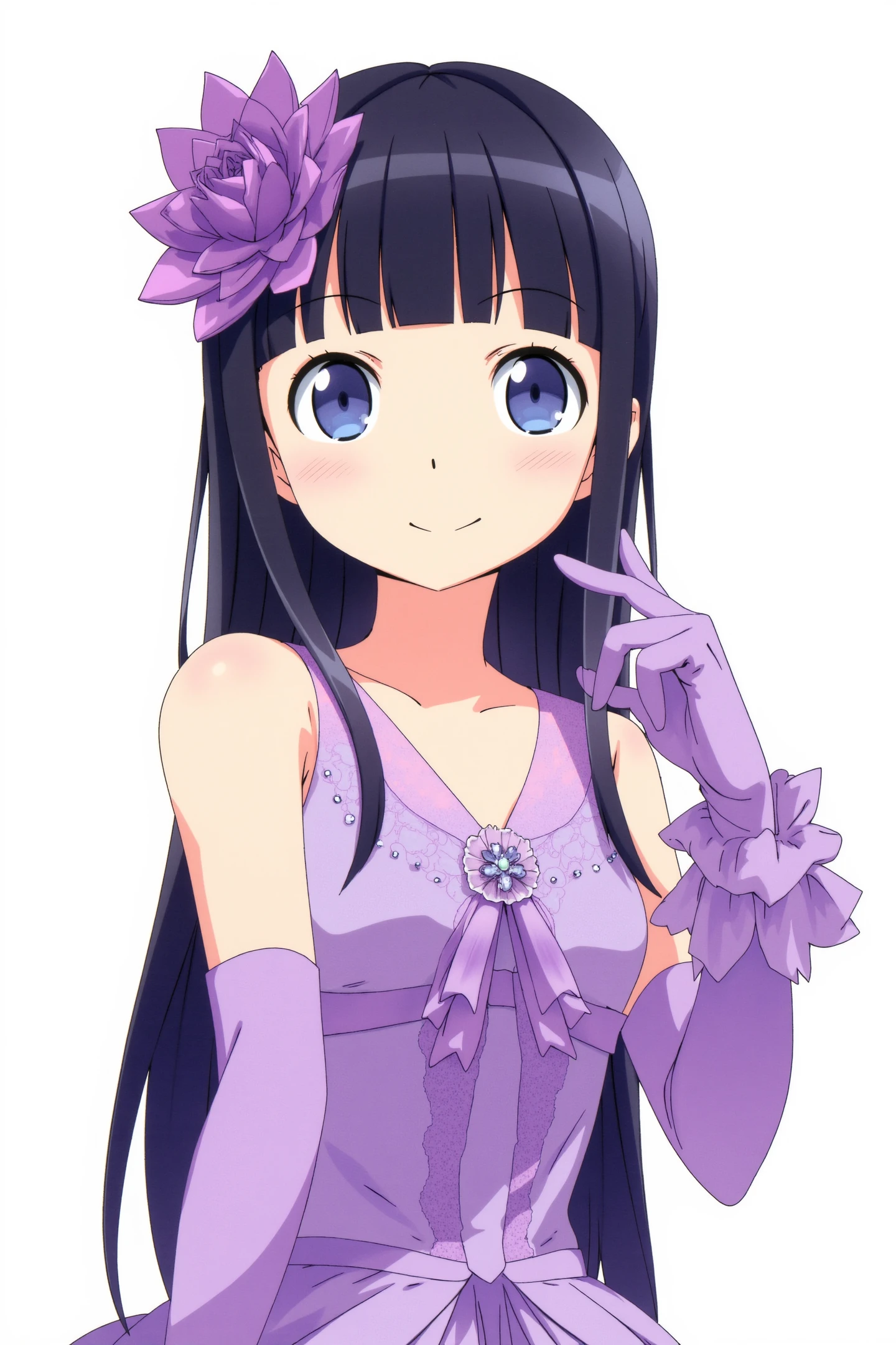 gokou ruri,a young girl with long,straight black hair and bangs framing her face. She has large,expressive blue eyes and a small,innocent smile. She has a mole under her left eye.Her skin is fair and smooth,with a slight blush on her cheeks. She is dressed in a formal,sleeveless purple dress adorned with intricate floral patterns and a ruffled skirt. The dress is adorned with small,sparkling embellishments that catch the light,adding a touch of elegance and sophistication. She wears matching purple gloves that cover her hands,and a large,elaborate purple flower is positioned on her head,complementing her attire. The background is plain white,ensuring that the focus remains entirely on the girl. The illustration is characterized by clean lines and vibrant colors,typical of the anime art style. The overall composition is simple yet elegant,emphasizing the girl's delicate and graceful appearance.,
<lora:Kanzaki Hiro_FLUX:1>,