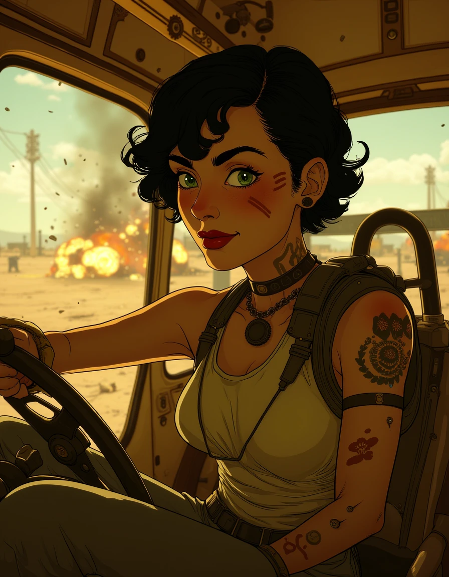 d13s3lp2nk   Furiosa, with her war paint and mechanical arm, grips the steering wheel of the War Rig, racing through a vast desert landscape as explosions erupt around her. Her eyes are filled with resolve
  <lora:dieselpunk-delight:0.9>