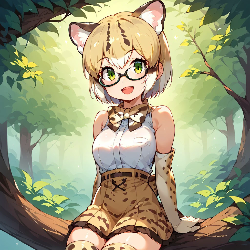 1girl, ((solo)), best quality, ultra-detailed, extremely detailed, perfect anatomy, masterpiece, score_9, score_8_up, score_7_up, margay (kemono friends), animal ears, animal ear fluff, tail, short hair, multicolored hair, blonde hair, green eyes, glasses, black-framed eyewear, bowtie, bare shoulders, sleeveless shirt, white shirt, skirt, thighhighs, elbow gloves, print gloves, print bow, print skirt, print legwear, open mouth smile, happy, looking at viewer, hands at sides, cute, outdoors, in a forest canopy, wilderness, in the treetops, sitting, sitting on tree branch, dutch angle, portrait shot,