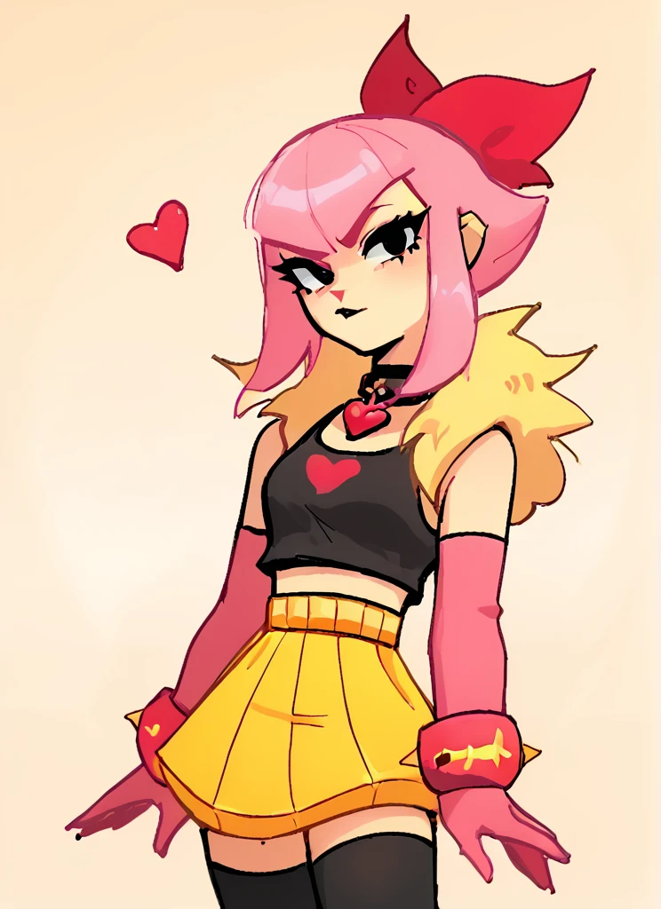 score_9, score_8_up, score_7_up,  <lora:bsmelodie:1>  bsmelodie  , fur trim ,  1girl, solo ,  pink hair,  hair bow  ,black collar ,neck heart  ,black shirt, crop top,  bare shoulders, elbow gloves, pink gloves, yellow bracelet , yellow skirt  , black thighhighs  ,  looking at viewer,  <lora:SyrupyyyArt:1>syrupyyy