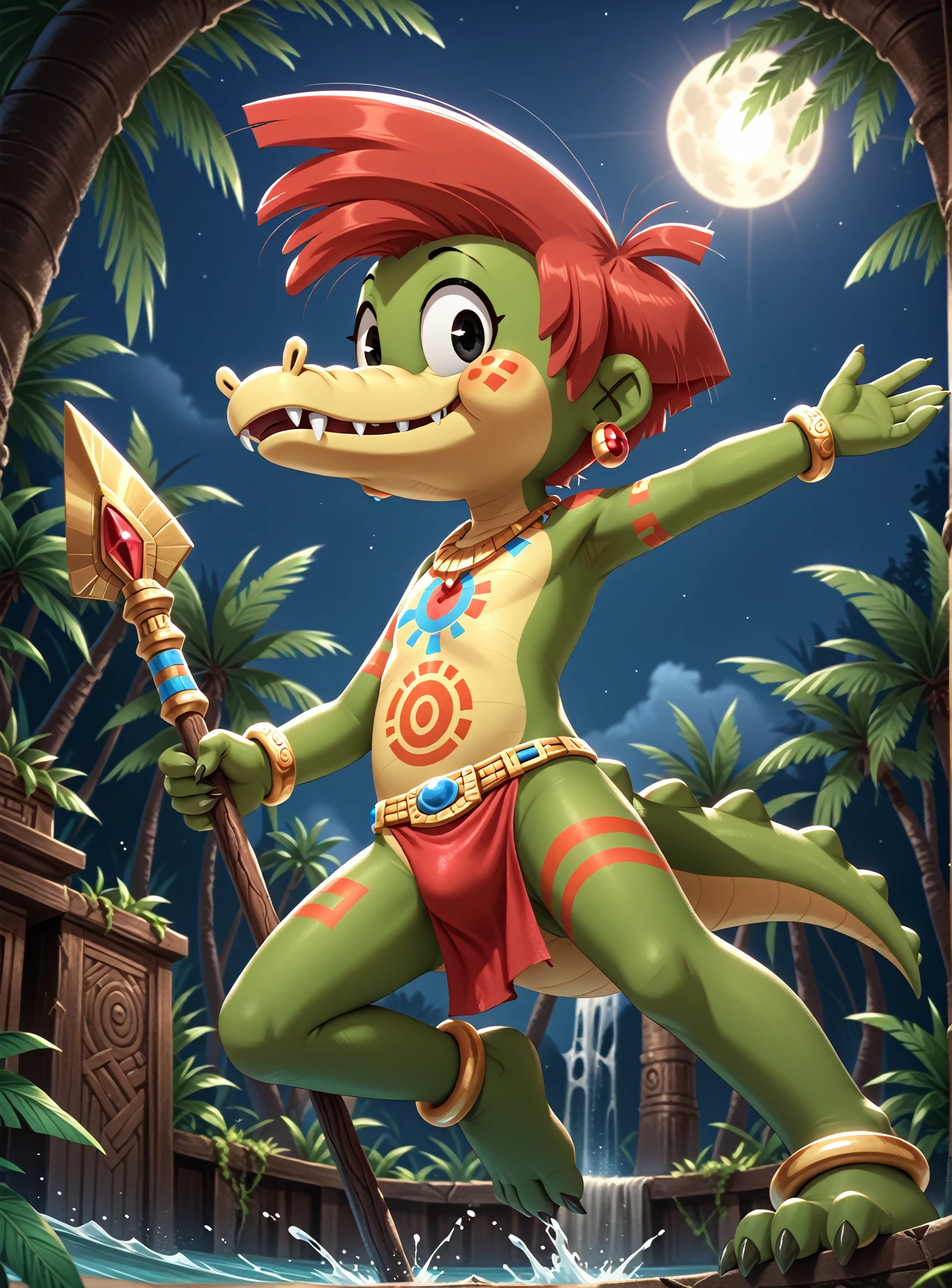 <lora:ArloXL-000070:1> 1boy, solo, male, Arlo beauregard, cute, alligator, scalie, black eyes, detailed scales, red hair, young, solo, detailed background, looking at viewer, toony, nude, freckles, green body, night, outdoors, tropical, jungle, aztec ruins, bodypaint, tribal, red loincloth, holding spear, jumping, action pose, soles, <lora:v3:1> (d_medium, low angle), jewelry, gold bangles, necklace, gold anklet, in background, holding feet, facial markings, BREAK masterpiece, best quality, score_9_up,score_8_up,score_7_up,score_6_up,score_5_up,score_4_up, source_furry, highly detailed, detailed background, absurdres, cinematic lighting, high resolution, 8K, perfect hands, highres, <lora:spo_sdxl_10ep_4k-data_lora_webui:2> <lora:Hyper-SDXL-2steps-lora:1>, <lora:great_lighting:1> great lighting, cinematic lighting  <lora:sinfully_stylish_PONY_0.2:1> dramatic lighting, moody lighting