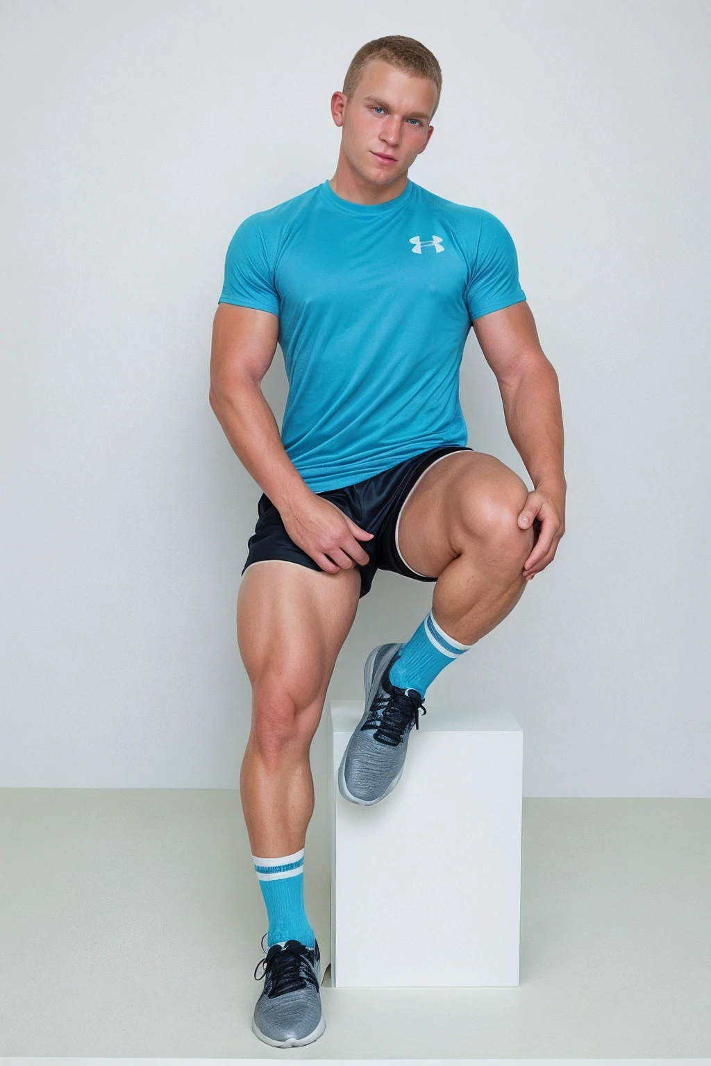Handsome and muscular 19 year old Finnish boy in blue knee high socks