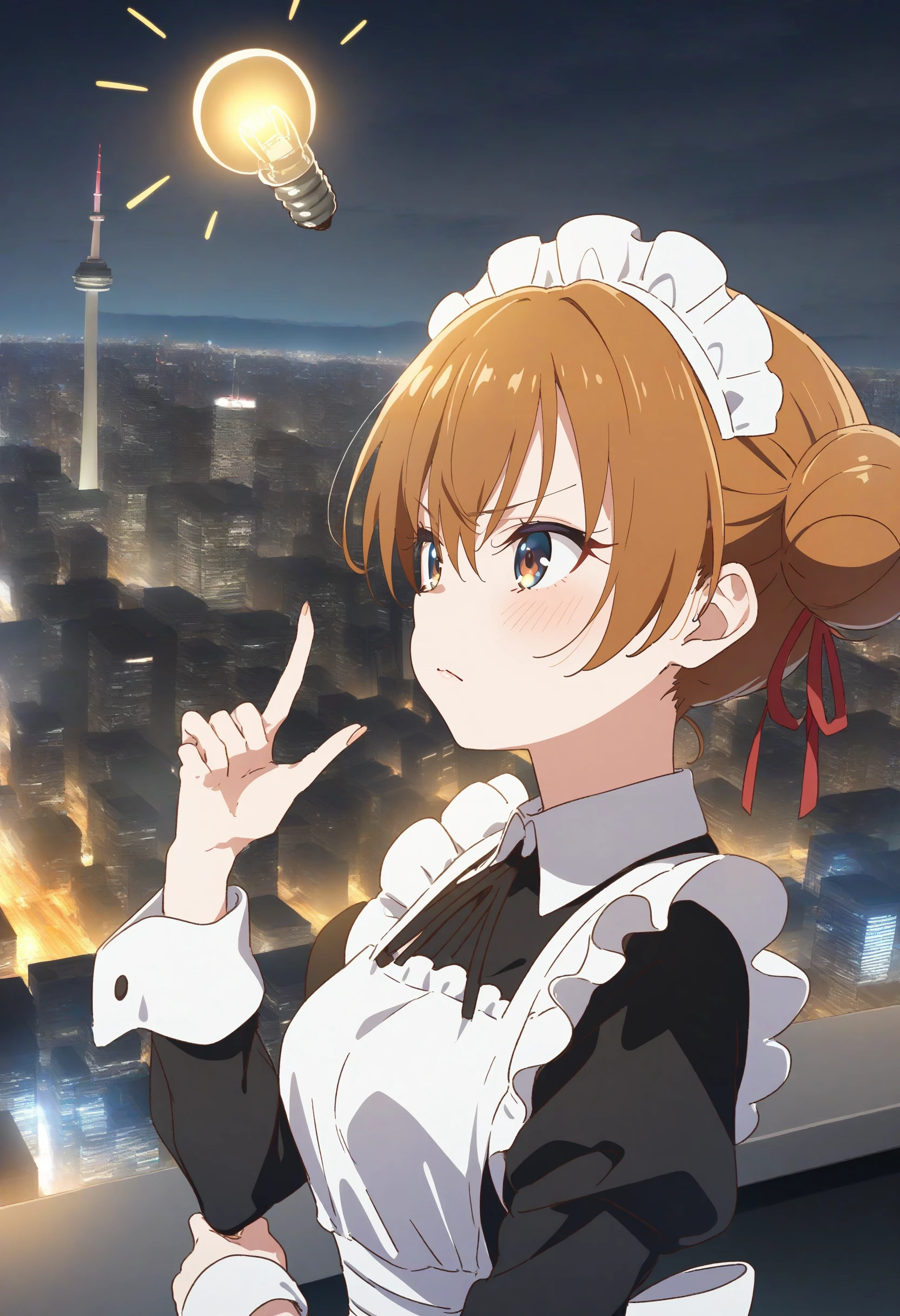 1girl,sincos, ningen mame, toosaka asagi,solo,medium breasts,20yo,maid,maid headdress,
Idea Light Bulb,<lora:Idealightbulb_XL_v1:0.8>
orange hair, brown eyes,serious, Toronto city, closed mouth, hair bun hair,,
best quality, very aesthetic, absurdres