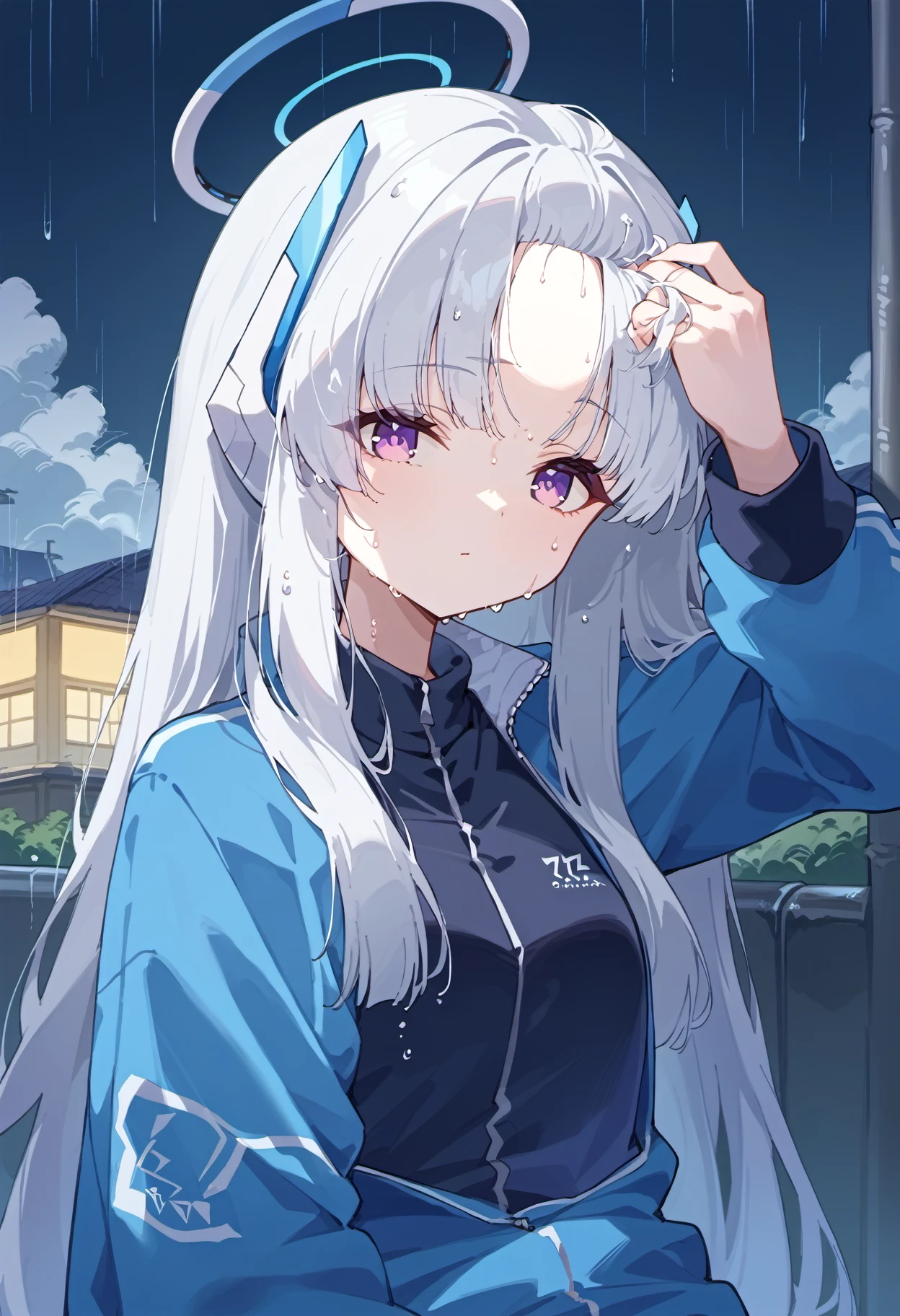 score_9, score_8_up, score_7_up, source anime, noa \(blue archive\), 1girl, solo, purple eyes, long hair, blue buruma, open jacket, blue jacket, track jacket, black shirt, mechanical halo, headphones, wet hair, bangs pinned back, holding hair, hand in own hair, looking at viewer, bus station, rain, night, cloudy day, <lora:bangs_pinned_back-xl-pony-v1:1>, <lora:noa-xl-pony-v2-000009:0.7>,