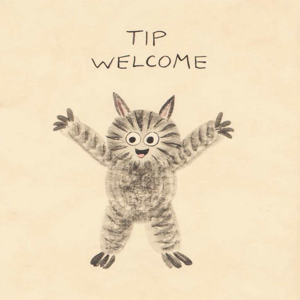 tokugawa style ink painting, cat man spreading arms, smile, "TIP WELCOME" in upper center