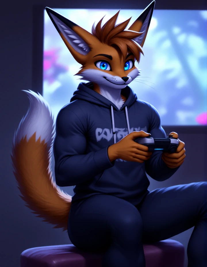 fluxorbit, muscular anthro fox with some rexouium vibes  
 looking at the viewer,  musculegs, good face, wavy spiky hair, smiling, 
(wearing abaggy hoodie and a pants, lots of clothe wrinkles:1.6)
playing a video game with a game controller in the hand
, painting style, 
blurry background, 
blue eyes,
(:1.2),
, 
<lora:fluxorbit_large_V4_000015000:0.7>  <lora:fluxorbit_mini_v2:0.3>