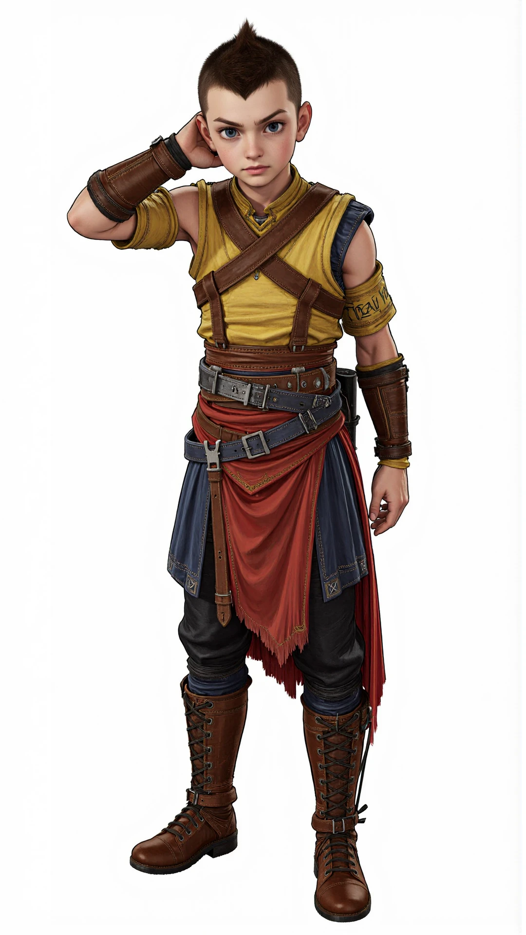 <lora:GoWRAtreusSingle:1>One-handed aerial cartwheel, (viewed from the side:2) in a toujinbou location
GoWRAtreus boy with blue eyes and short brown buzzcut. Wearing a yellow tunic with asmmetric leather details belts and straps crossing his body. His waistcloth is red and blue. Brown leather boots. Runic tattoo on his asymmetric sleeveless right arm. GoWRAtreus expression is Guilty, Downcast eyes, slumped shoulders, and a slightly ashamed expression.