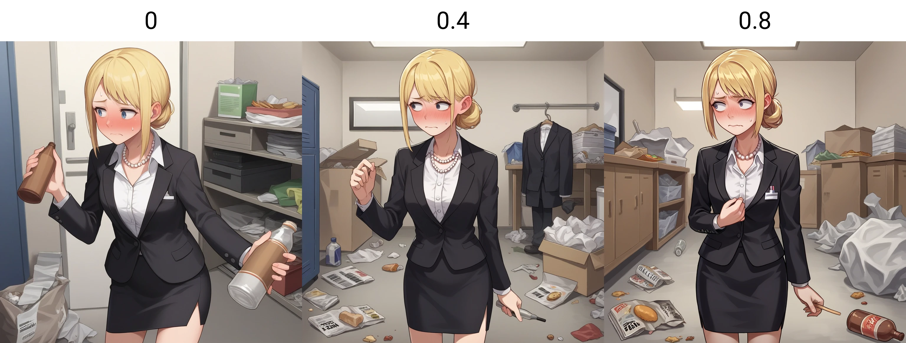 score_9, score_8_up, score_7_up, score_6_up, score_5_up, score_4_up, zPDXL2,source_anime,rating_questionable, 1girl, solo, embarrassed, looking away, blush, secretary, blonde hair, pearl necklace, black blazer, black pencil skirt, white blouse, cowboy shot,  <lora:Messy_Room:0> m3ss, indoors, messy room, trash, food, magazines, bottle, mess,