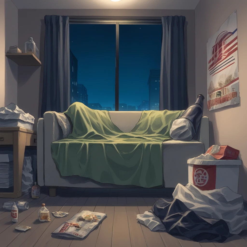 score_9, score_8_up, score_7_up, score_6_up, score_5_up, score_4_up, zPDXL2,source_anime,rating_questionable,   1girl, solo, night, lounging on couch, cowboy shot,  <lora:Messy_Room:0.8> m3ss, indoors, messy room, trash, food, magazines, bottle, mess,