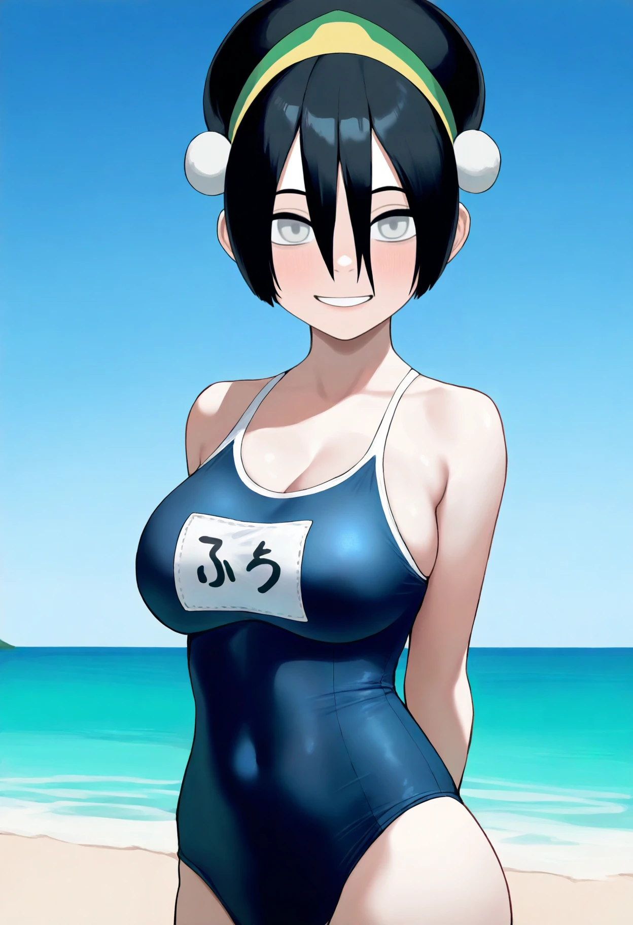 best quality, amazing quality, very aesthetic, absurdres,
1girl, toph, bangs, black hair, blind, grey eyes, hair between eyes, hair bun, hairband, short hair,
large breasts,
arms behind back, onepiece school swimsuit, name tag, smile, solo, looking at viewer, sea, sand, blue sky, tropical island background <lora:TophIllustrious_byKonan:1>