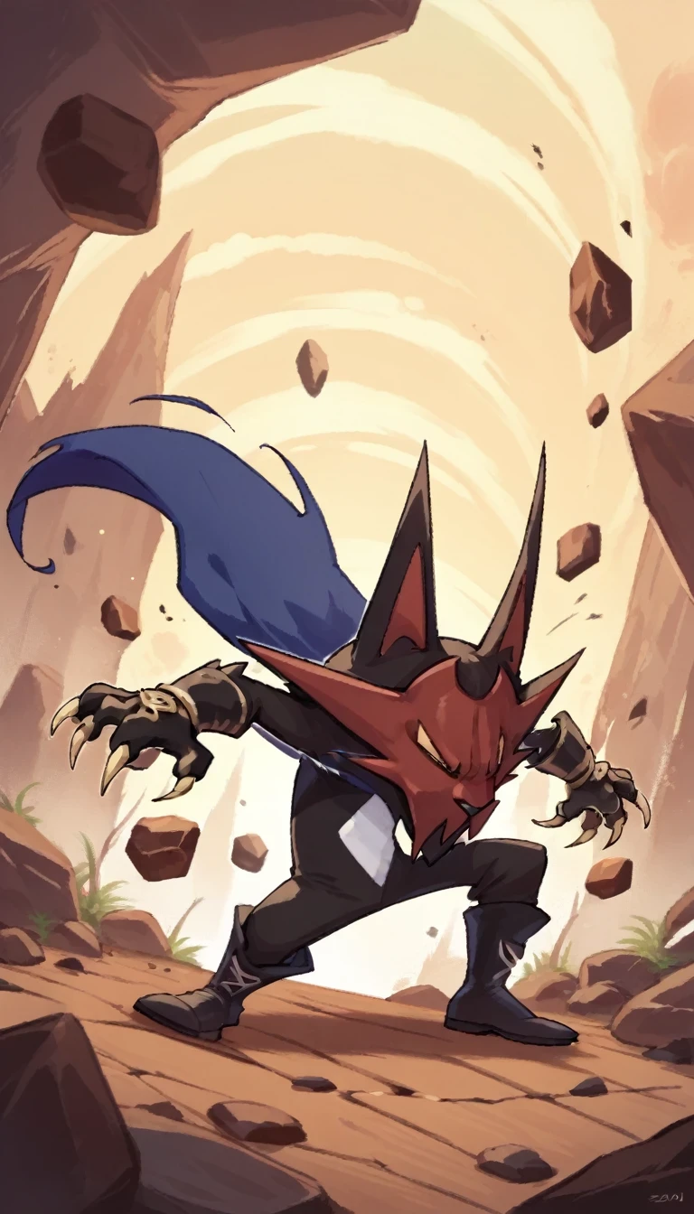 score_9,score_8,score_7, madfang ragewolf, dark blue cape, arms, high quality, rocks, hands, legs, boots, full body, background, highres, high resolution, solo, 1boy, action pose, claws, angry, narrowed eyes