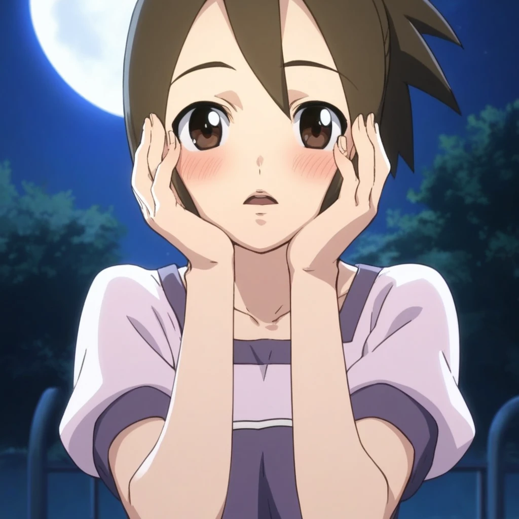 score_9, score_8_up, score_7_up, score_6_up, source_anime, anime screenshot, anime coloring, hoshikawa_akane, 1girl, solo, looking at viewer, shirt, collarbone, upper body, short sleeves, night, full moon, blue lighting, blush, hands on own face, parted lips, open mouth