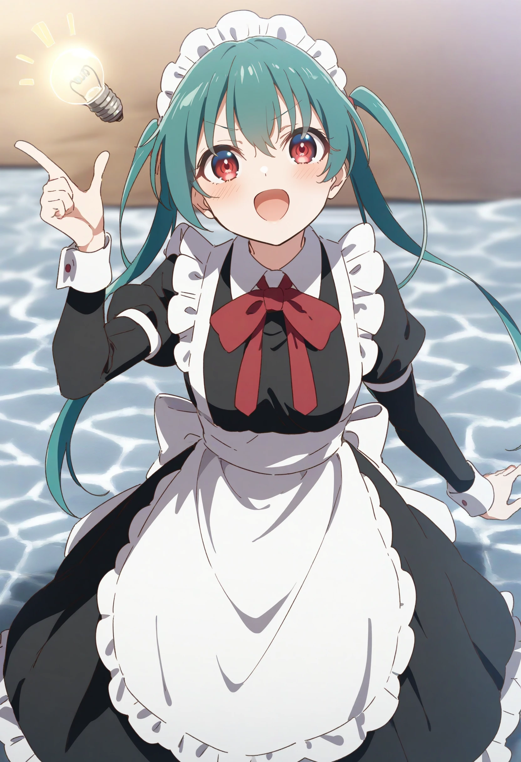 1girl,sincos, ningen mame, toosaka asagi,solo,medium breasts,20yo,maid,maid headdress,
Idea Light Bulb,<lora:Idealightbulb_XL_v1:0.8>
aqua hair, red eyes,happy, ice field, open mouth, quad tails hair,,
best quality, very aesthetic, absurdres