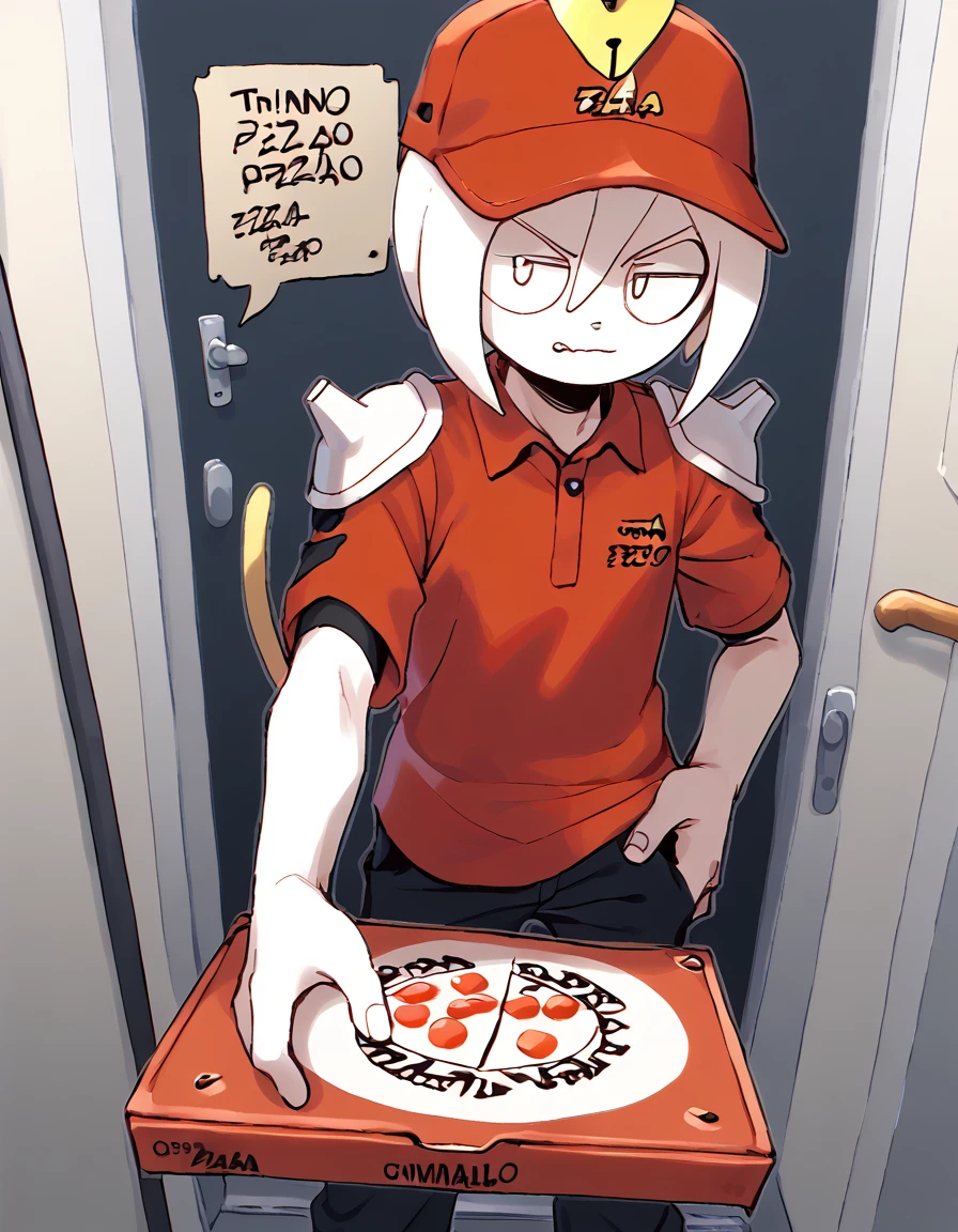 A femboy working as a pizza delivery man upset at a customer's door because he didn't receive a tip.