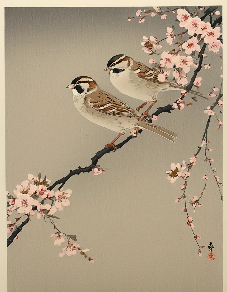 elegant lady. sparrows, cherry blossom branch, <lora:Ohara_Koson_Style:1.0>koson