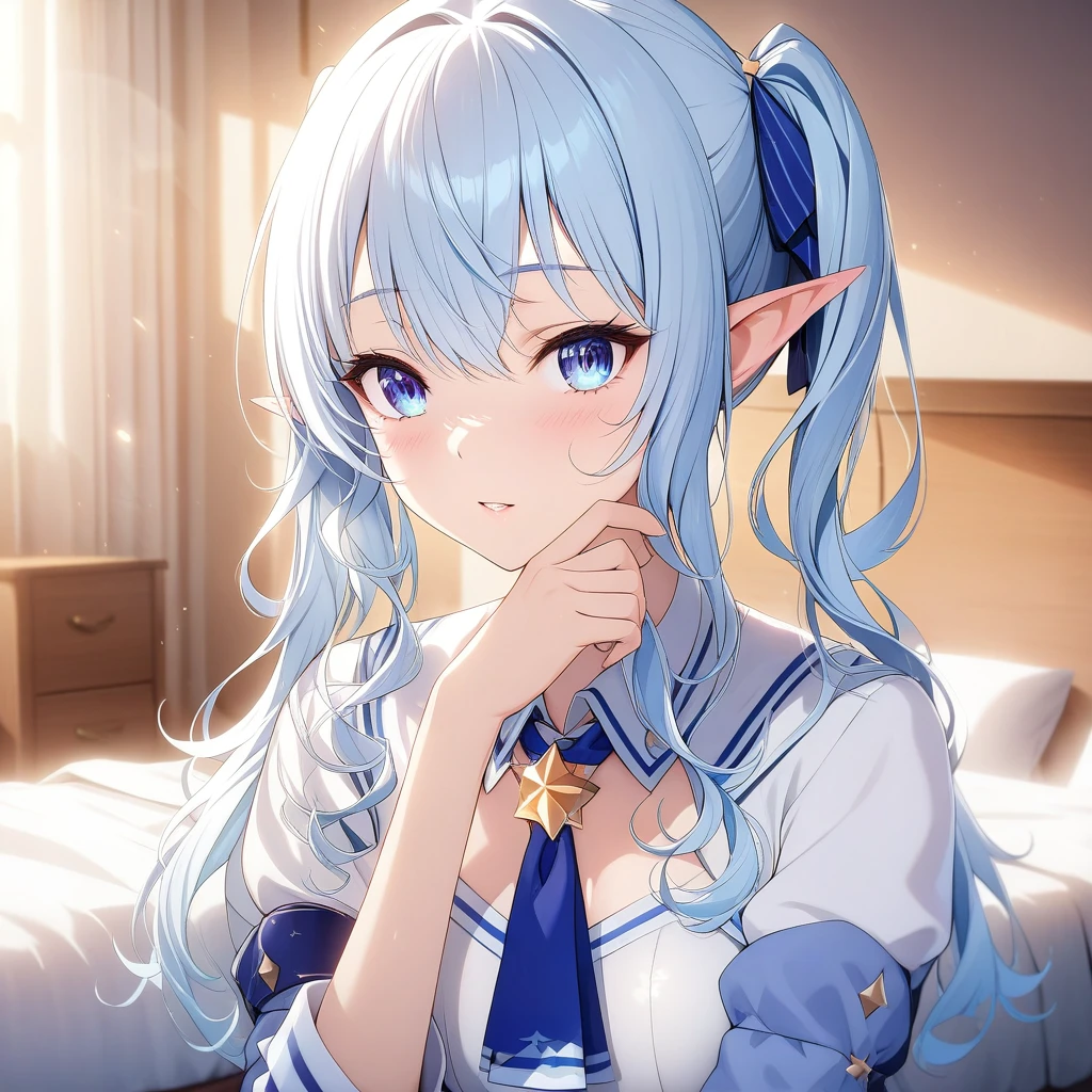 <lora:Hochimochi:1> hoshimachi_suisei, 1girl , (white hair:1.2) ,in bedroom , bedroom background , twintail , elf ears,  (1st_costume:1.3), cute , masterpiece, best quality, 1girl, solo, cinematic, soft lighting, shine skin , light skin , 8k, ,best quality ,masterpiece, illustration, an extremely delicate and beautiful, extremely detailed ,CG ,unity ,8k wallpaper, Amazing, finely detail, masterpiece,best quality,official art,extremely detailed CG unity 8k wallpaper,absurdres, incredibly absurdres, huge filesize , ultra-detailed, highres, extremely detailed,beautiful detailed girl, extremely detailed eyes and face, beautiful detailed eyes,light on face,1girl