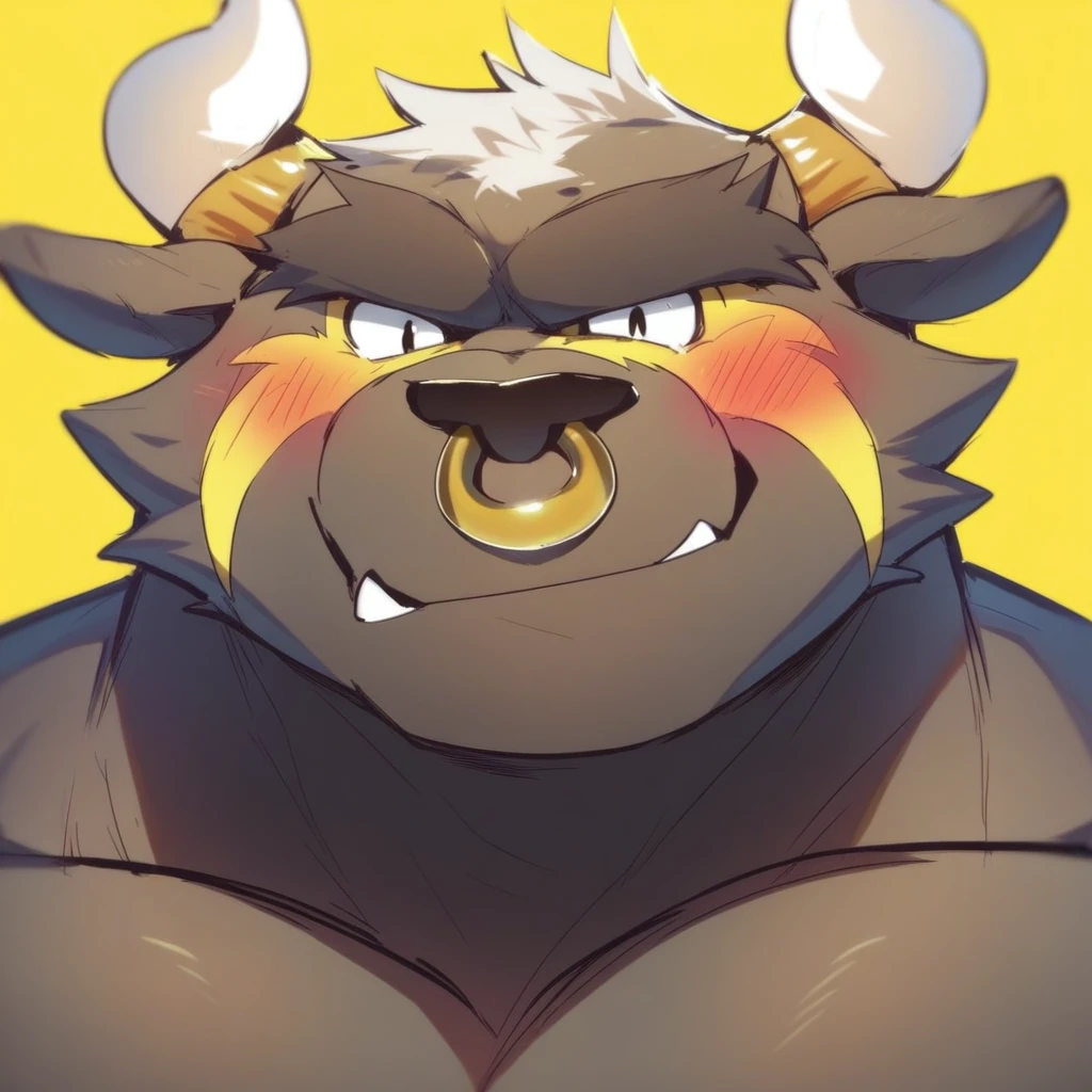 score_9, score_8_up, score_8, furry, Asterius, bull, nose ring, cartoon style, 2d, muscular male, huge pecs, upper body focus, solo, face close up, looking at viewer, blush, smirk, yellow background