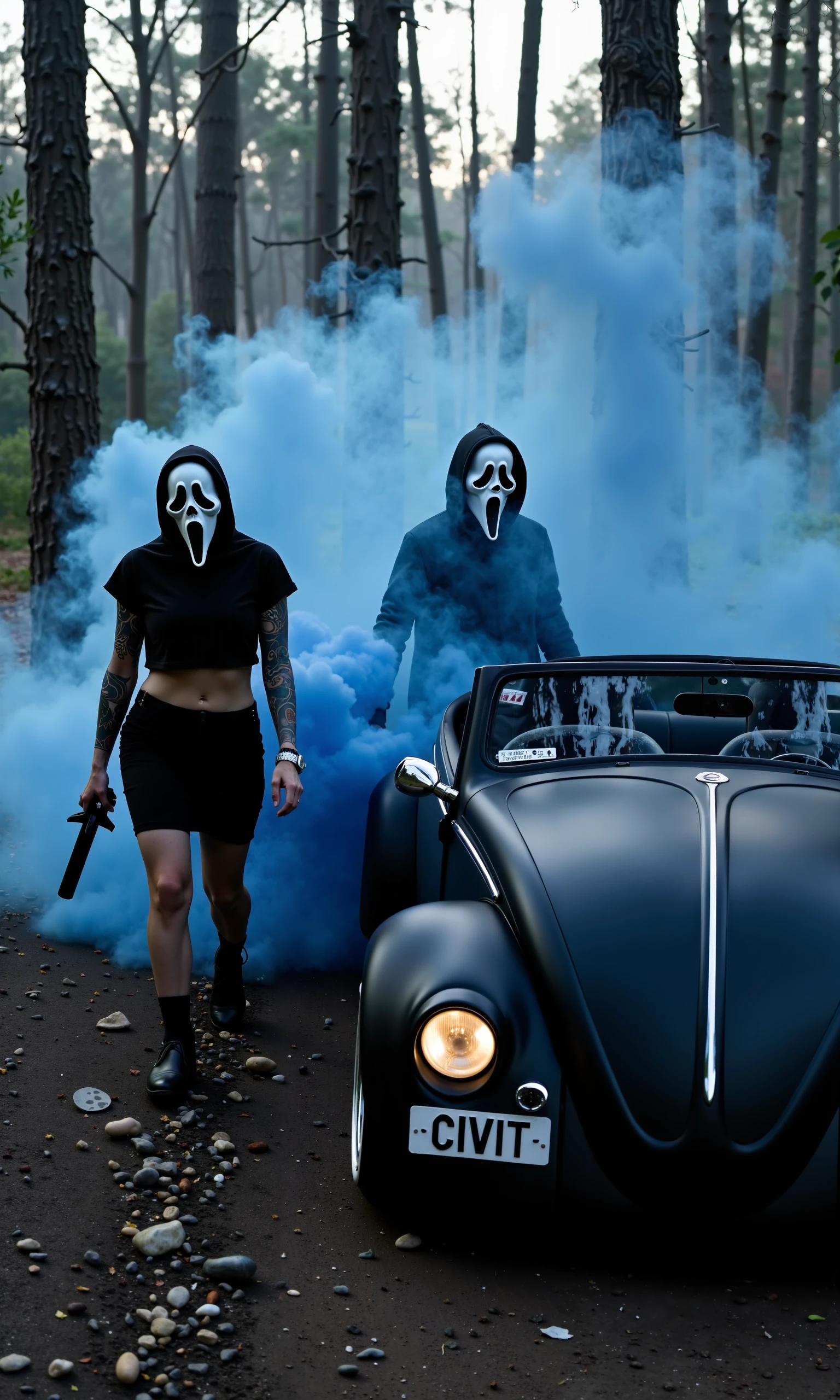  a dark, misty forest, two figures wearing iconic 'Scream' ghost masks walk side by side. Their outfits contrast the eerie atmosphere, with both dressed in edgy, black attire: crop tops and skirts, revealing their tattoos and adding a sense of rebellion to their ominous presence. Each figure holds a smoke grenade, releasing thick clouds of blue smoke that swirl around them, adding to the unsettling, mysterious vibe. The masked duo moves through the mist-filled woods, casting long shadows in the fading daylight as the smoke creates a moody, surreal backdrop.

Next to them is a polished matte black Beetle cabrio, partially veiled by the smoke but still standing out with its sleek, reflective finish. The car’s custom whitewall tires and chrome accents shine faintly through the blue haze, while the side-mounted license plate reads 'CIVIT' in bold, clean lettering. The car sits idly on the dirt path, its polished body capturing reflections of the masked figures and the surrounding environment, blending modern elegance with the chilling atmosphere of the forest.

The lighting is soft, with the late afternoon sun filtering through the trees, casting dappled shadows on the forest floor. The blue smoke creates a dreamlike effect, diffusing the light and adding depth to the scene. The polished cabrio contrasts sharply with the rough, natural setting, while the masked figures exude a mix of menace and mystery, turning the scene into a fusion of thriller-like suspense and dark style