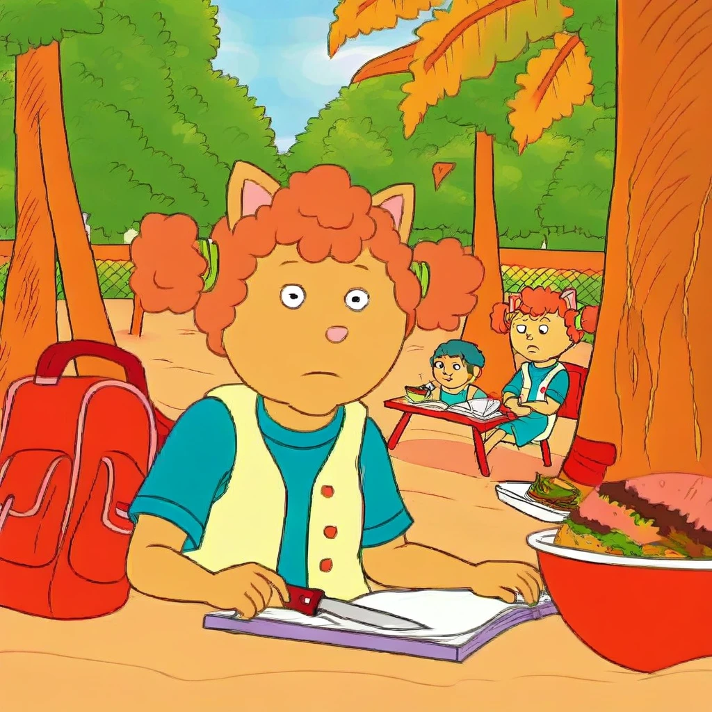 sue ellen from arthur, beach, bowl, backpack, (kid), twin messy buns bound by lime green scrunchies, kneepits, lying, knife, source cartoon, animal ears, curly orange hair, bag, fence, food, book, water, chair, raglan sleeves, short sleeves, outdoors, show accurate, tree, sitting