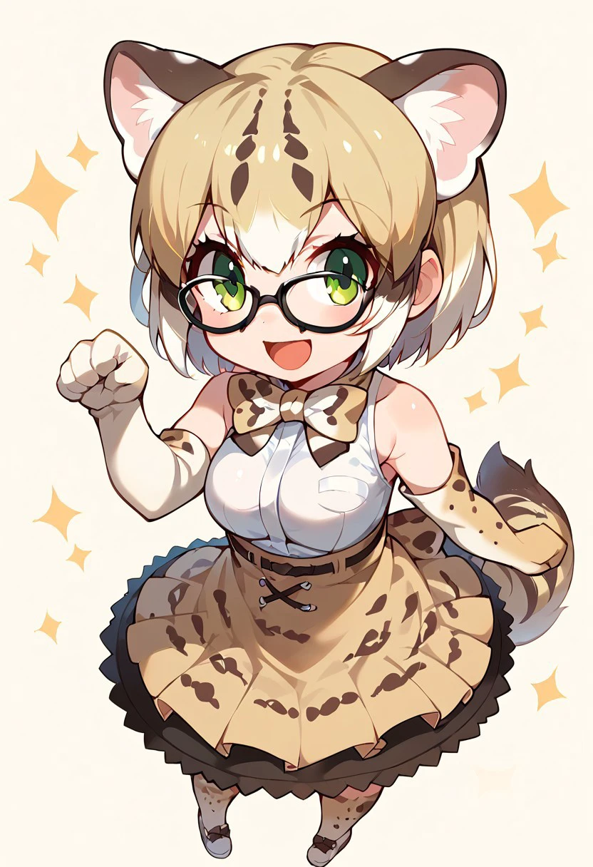 1girl, ((solo)), best quality, ultra-detailed, extremely detailed, perfect anatomy, masterpiece, score_9, score_8_up, score_7_up, margay (kemono friends), animal ears, animal ear fluff, tail, short hair, multicolored hair, blonde hair, green eyes, glasses, black-framed eyewear, bowtie, bare shoulders, sleeveless shirt, white shirt, skirt, thighhighs, elbow gloves, print gloves, print bow, print skirt, print legwear, shoes, cute, open mouth smile, happy, standing, cute look, confident look, looking at viewer, paw pose, (chibi:1.3), simple background,