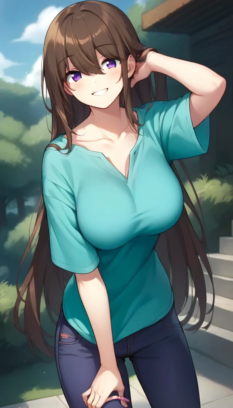 score_9,score_8_up,score_7_up,score_6_up BREAK official art,1girl,solo,outdoors,upper body,(portrait:1.5),looking at viewer,facing viewer,smile,blush,Steve,brown hair,very long hair,hair between eyes,bangs,purple eyes,collarbone,aqua shirt,t-shirt,short sleeves,large breasts,jeans,purple pants,flip-flops,black footwear,<lora:Steve(Bubble Planet)-Pony:1.6>,