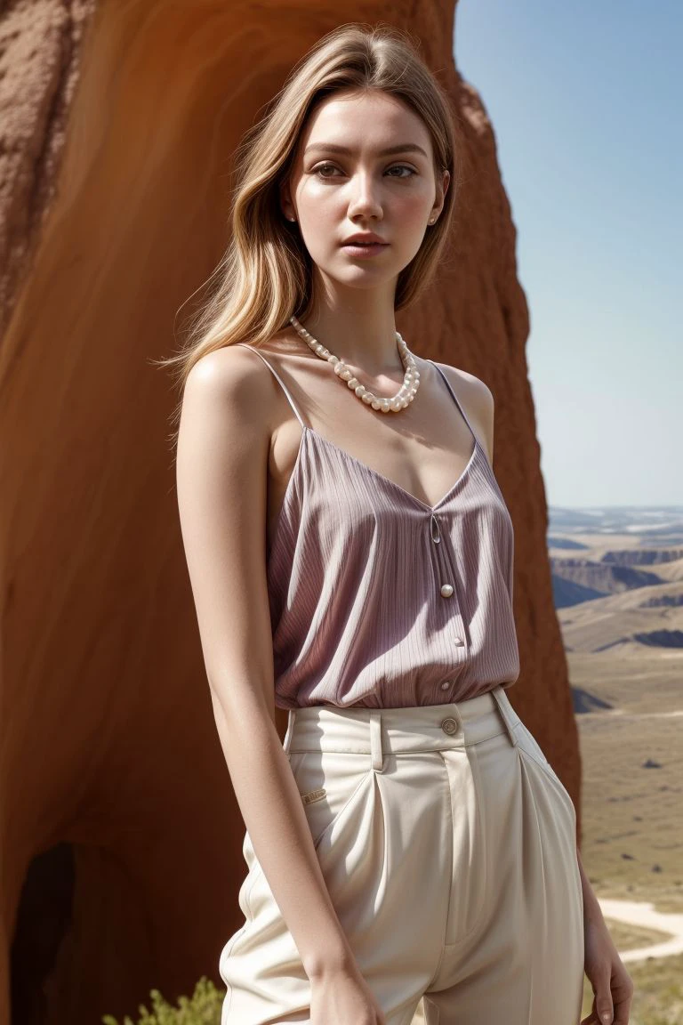 European woman, closeup, (shirt), pants, (Valley of Geysers), pearl necklace , (), ZM_callie, wide shoulders, perfect face, (contact iris: 1.1), pale skin, skin pores , depth of field