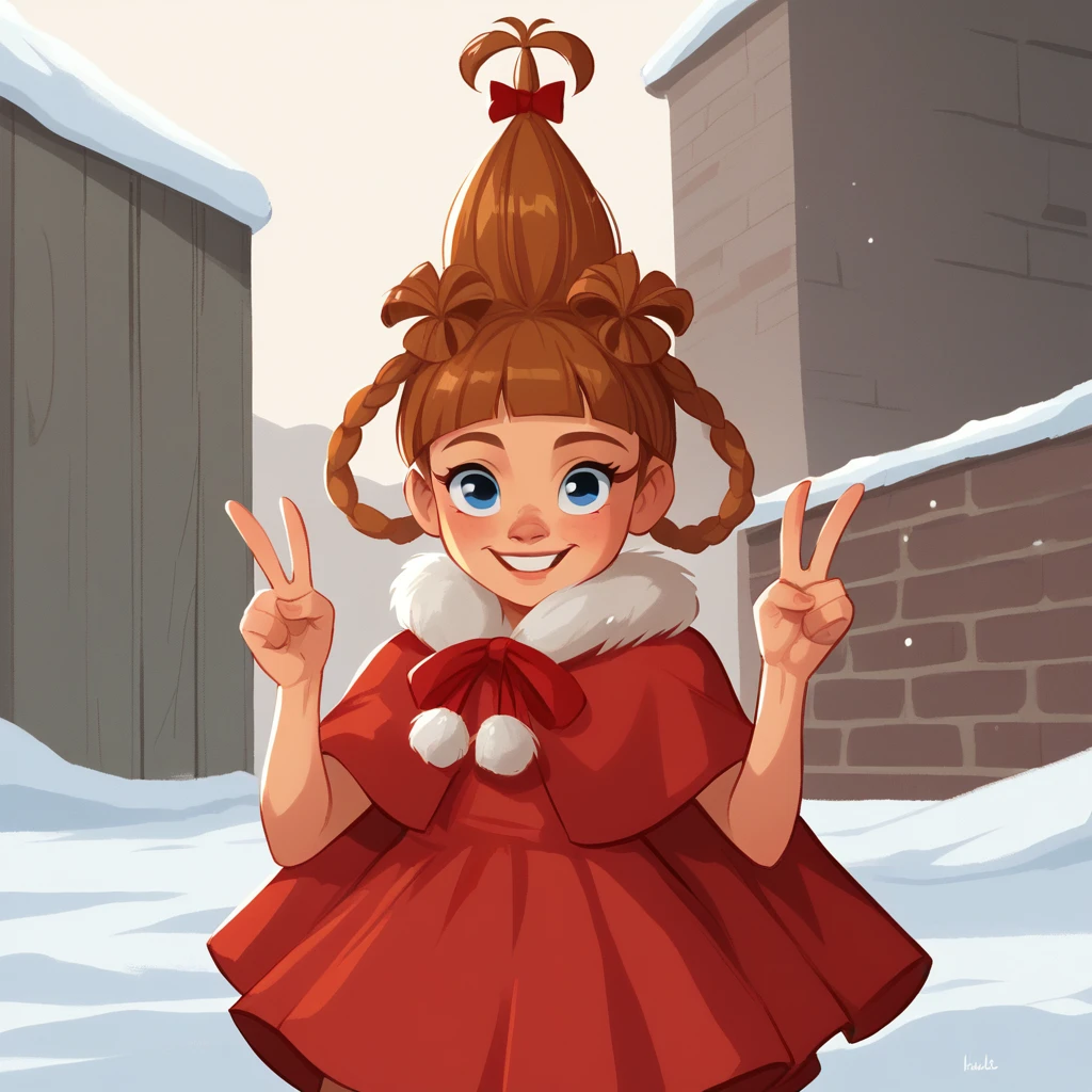 score_9_up, score_8_up, BREAK, CindyLouWho, 1girl, solo, brown hair,  blue eyes, red ribbon, red capelet, fur trim, red dress, cowboy shot, <lora:CindyLouWho_Grinch_PXL_Leaf1:1>, snow, looking at viewer, double v,