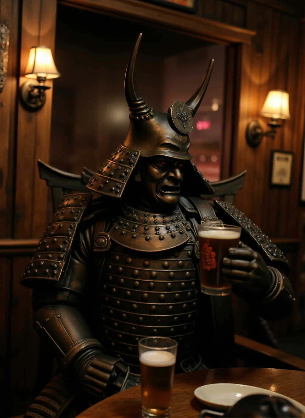 a phot of a Samurai is singing karakoe in a pub and having a beer  <lora:Samurai:0.9>