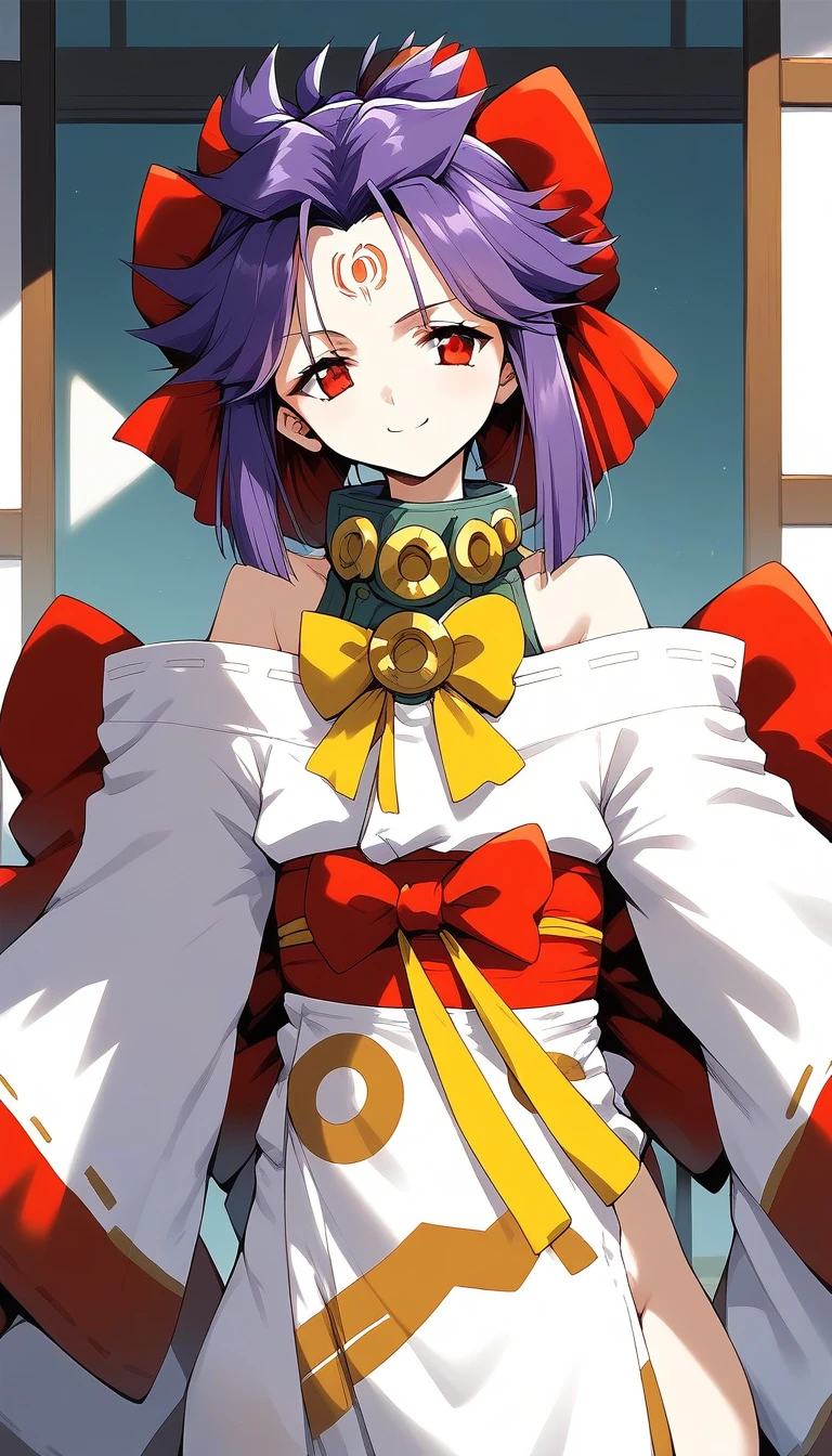 score_9, score_8_up, score_7_up, source_anime, rating_explicit, BREAK  <lora:kakurine_Ver2.1_XL:1> kakurine, facial mark, forehead mark, red eyes, purple hair, long hair, sidelocks, hair bow, red bow, collar, 
bare shoulders,  japanese clothes,  white kimono, long sleeves, Yellow bow, serious, smile,
tatami, Japanese room,