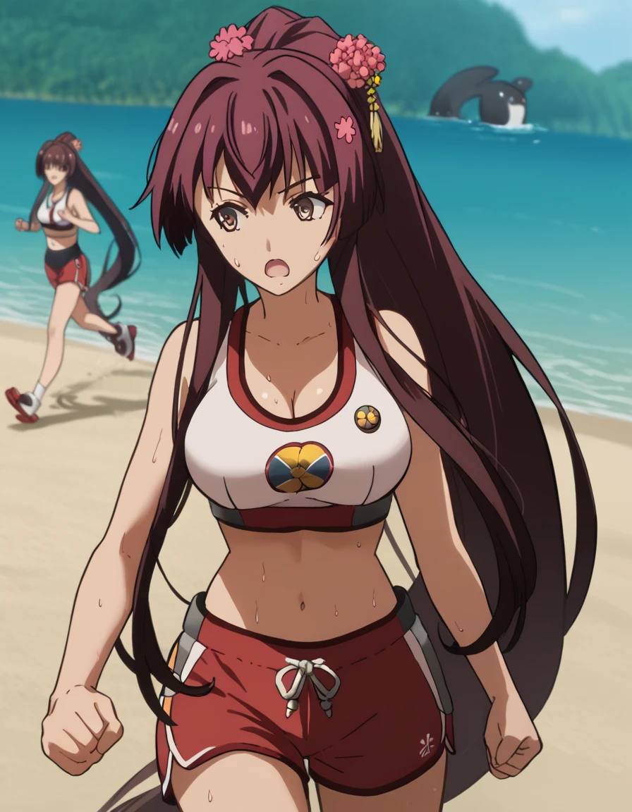 score_9, score_8_up, score_7_up, source_anime, <lora:kancolle-yamato-s1-ponyxl-lora-nochekaiser:1>, yamato, long hair, brown hair, hair ornament, brown eyes, very long hair, ponytail, flower, hair flower, yamato (kancolle) large breasts,, <lora:dolphin-shorts-ponyxl-lora-nochekaiser:1>, dolphin shorts, shorts,, outdoors, running, sweat, open mouth, sports bra, cleavage, navel, midriff, ponytail,, , cowboy shot, dutch angle