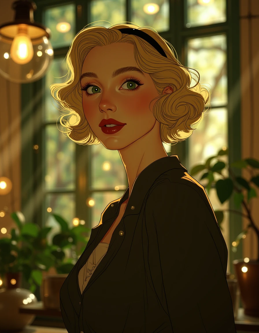 d13s3lp2nk   a woman with blonde hair and red lipstick standing in front of a window with plants and lights in the background
  <lora:dieselpunk-delight:0.9>