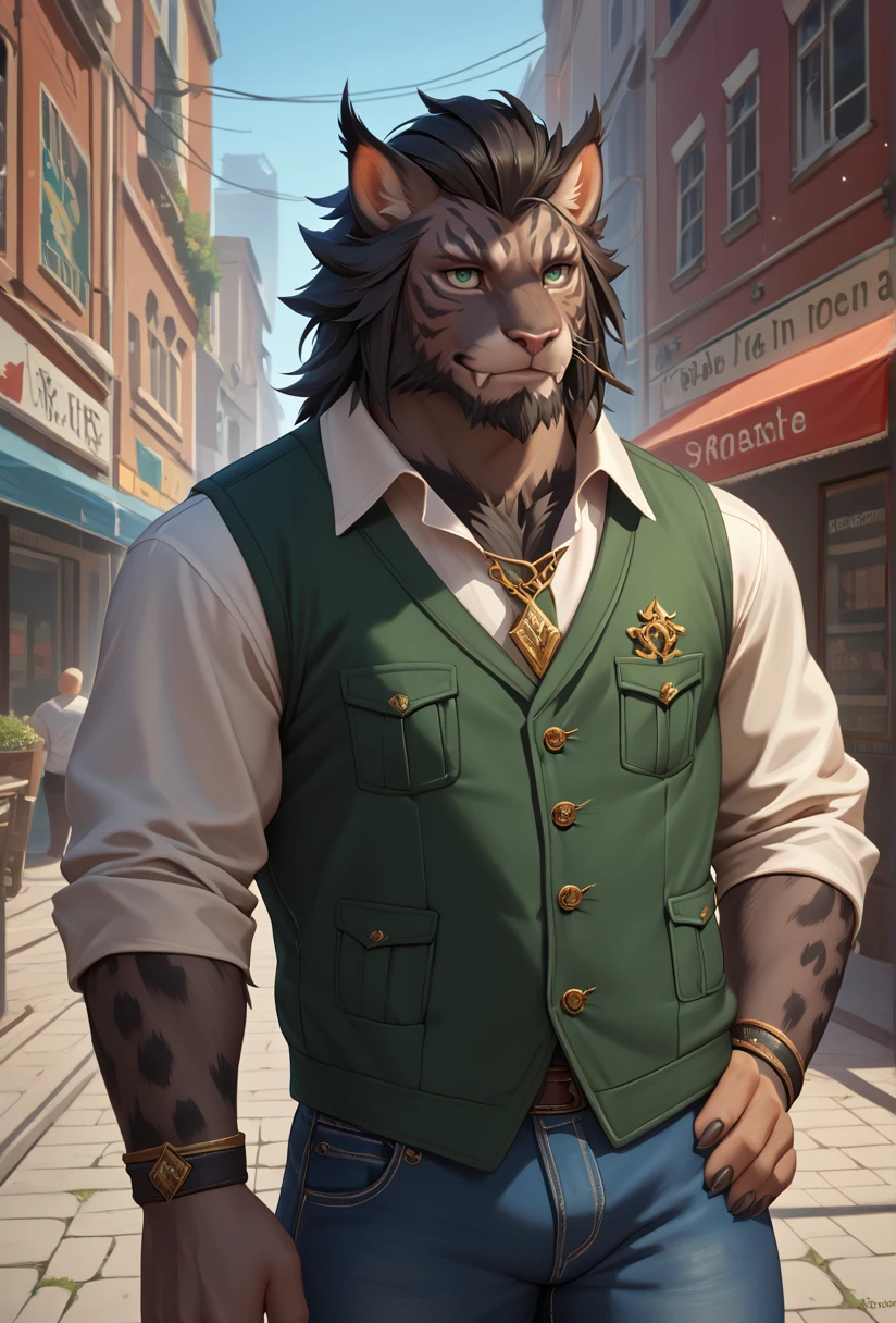 hrothgar, male,furry,  Masterpiece, standing confidently in a normal urban environment. spots decorating his fur. green eyes. vest, jeans. The background features a typical city street, with the character blending in seamlessly despite his distinctive look. The scene is lively, reflecting his fun personality, black fur, score_9, score_8_up, score_7_up, detailed
 <lora:hrothgar:0.8>,