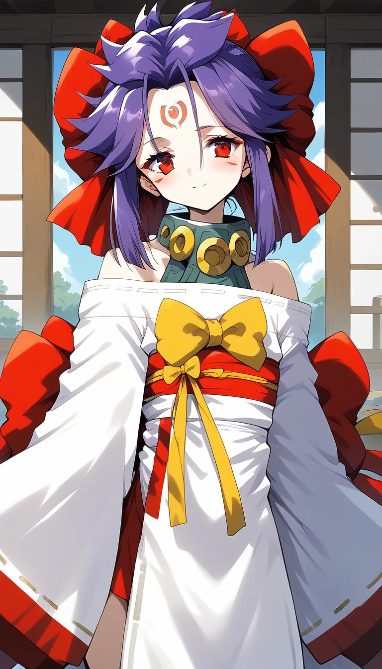 score_9, score_8_up, score_7_up, source_anime, rating_explicit, BREAK  <lora:kakurine_Ver2.1_XL:1> kakurine, facial mark, forehead mark, red eyes, purple hair, long hair, sidelocks, hair bow, red bow, collar, 
bare shoulders,  japanese clothes,  white kimono, apron, long sleeves, Yellow bow,
tatami, Japanese room,