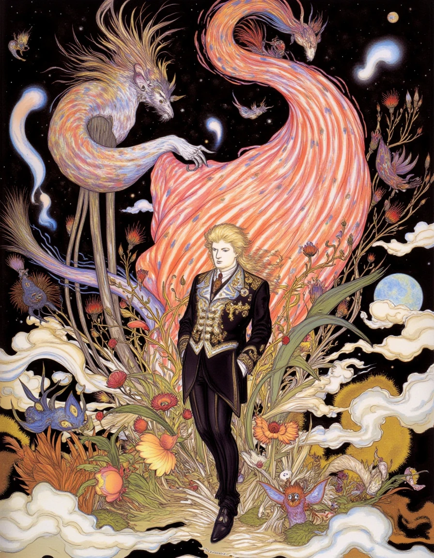 In a meticulously crafted traditional illustration reminiscent of Yoshitaka Amano's signature style, the image features a striking portrayal of Donald Trump. He stands confidently in the foreground, his hair a vibrant cascade of golden hues that seem to shimmer under an ethereal light. Dressed in an opulent suit infused with intricate patterns reminiscent of Art Nouveau, the fabric flows like liquid gold, while delicate vines woven throughout the design hint at the lush and complex nature of the surrounding elements.

Behind him, a vast American flag unfurls dramatically in the background, its deep red, white, and blue colors radiating with a surreal intensity, as though imbued with an otherworldly energy. The flag appears to ripple gently, capturing the viewer's gaze like a dream caught in motion. 

The entire composition, steeped in a dreamlike atmosphere, is infused with watercolor techniques that blur the lines between fantasy and reality, creating an enchanting quality. Floating amidst the scene are whimsical elements inspired by anime and manga, such as oversized mythical creatures peering curiously at Trump, their eyes sparkling with intelligence and mischief.

The environment around him pulses with abstract shapes and fantastical motifs, a nod to Japanese woodblock prints, where swirling clouds and vibrant foliage dance harmoniously in a psychedelic display of color. Ethereal light sources, reminiscent of celestial bodies, cast soft glows and shadows, elevating the entire illustration into a realm of fine art that captivates the imagination and evokes a sense of both wonder and intrigue.