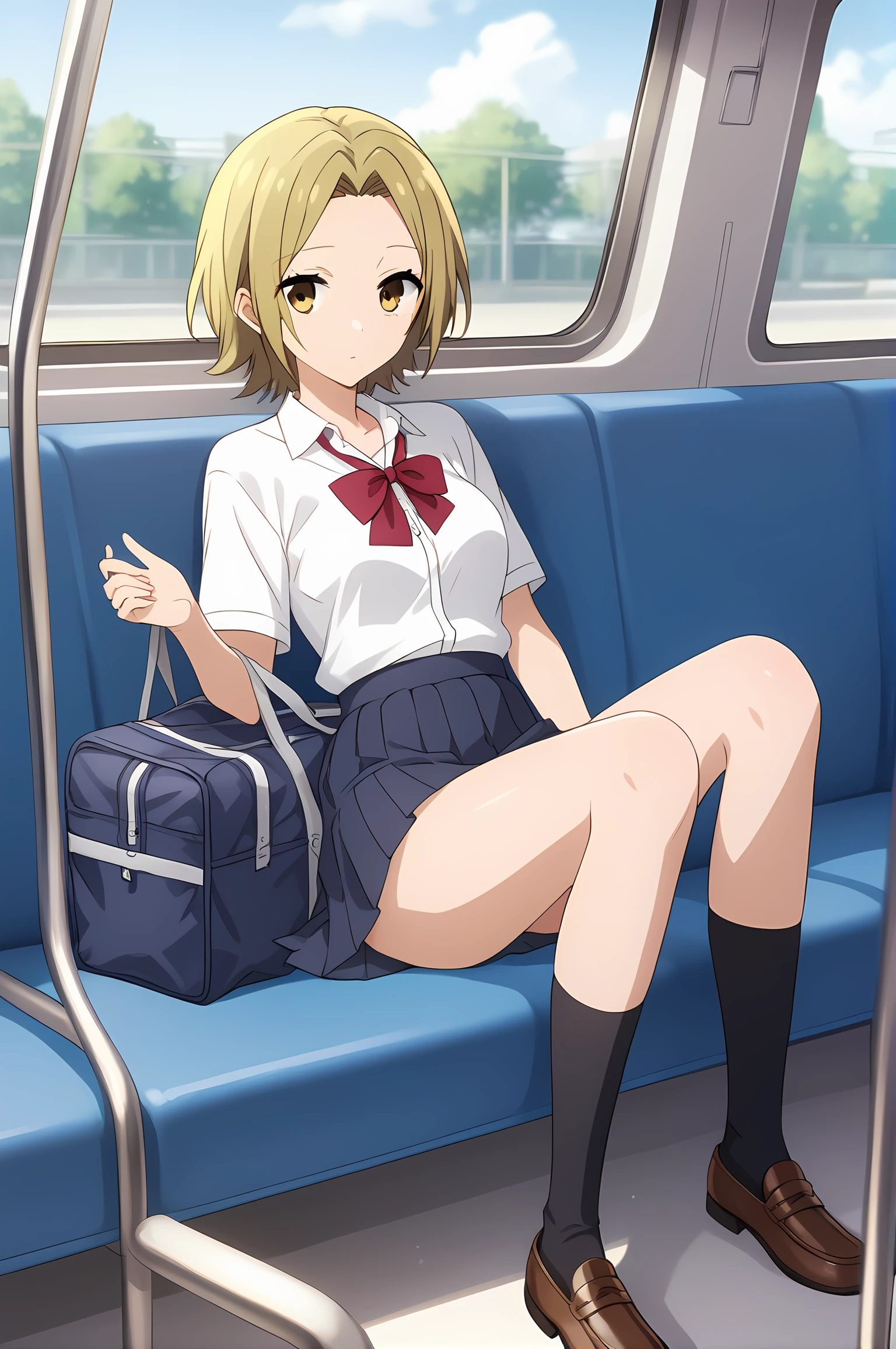 (school uniform skirt white shirt black socks uwabaki), hm-yoshikawa, blonde hair, short hair, parted bangs, yellow eyes, medium breasts, 1girl, solo, skinny, score_9, score_8_up, score_7_up, score_6_up, score_5_up, source_anime, , bus, (1.3::full body|sitting|standing|lying|0.6::close-up| :1.20), , <lora:hm-yoshikawa-V01-000003:0.70>