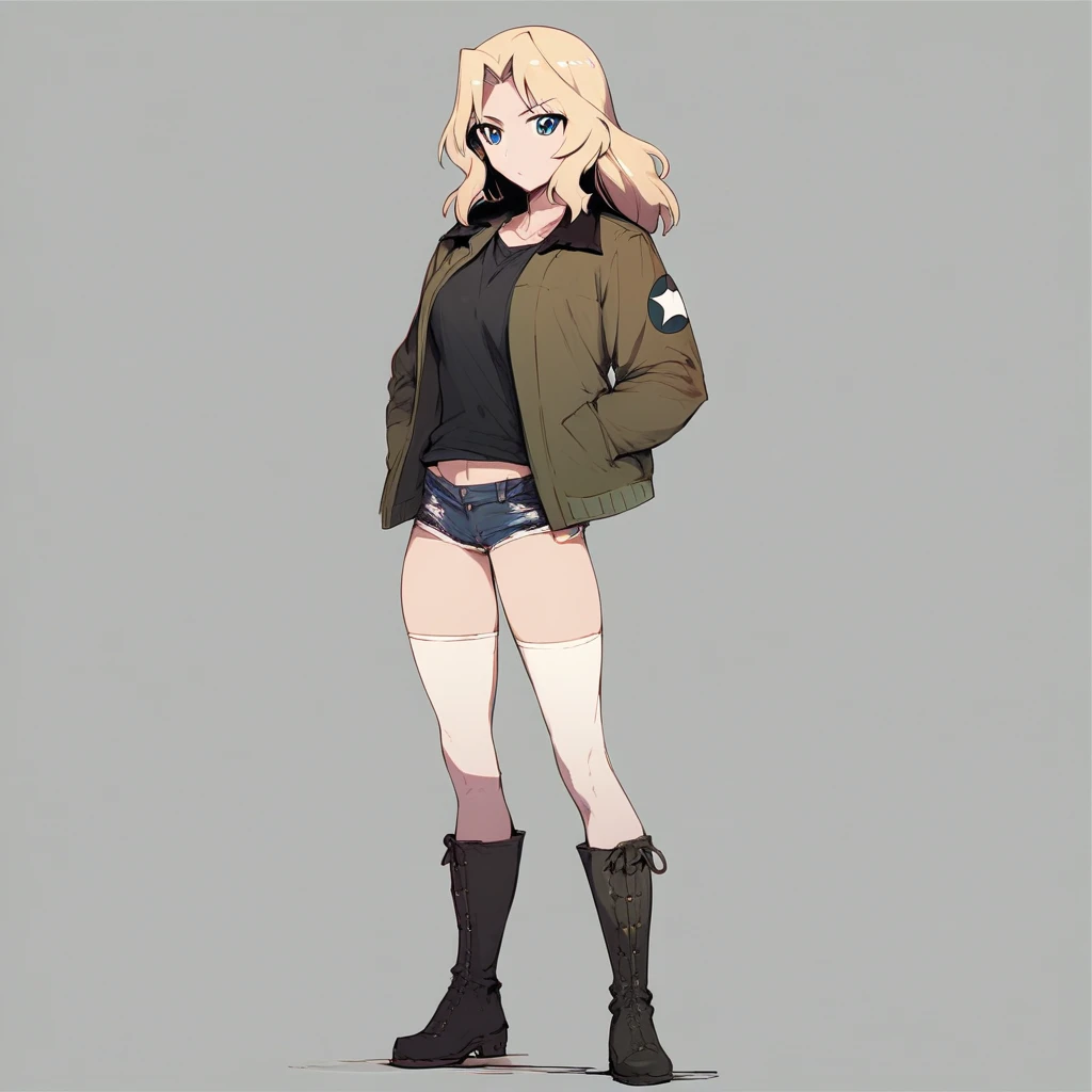 score_9, score_8_up, score_7_up, best quality, masterpiece, 1girl, Kay (Girls und Panzer), full body, standing, hands in pockets, legs apart, saunders military uniform, white thighhighs, black boots, black shirt, hotpants, blonde hair, blue eyes,