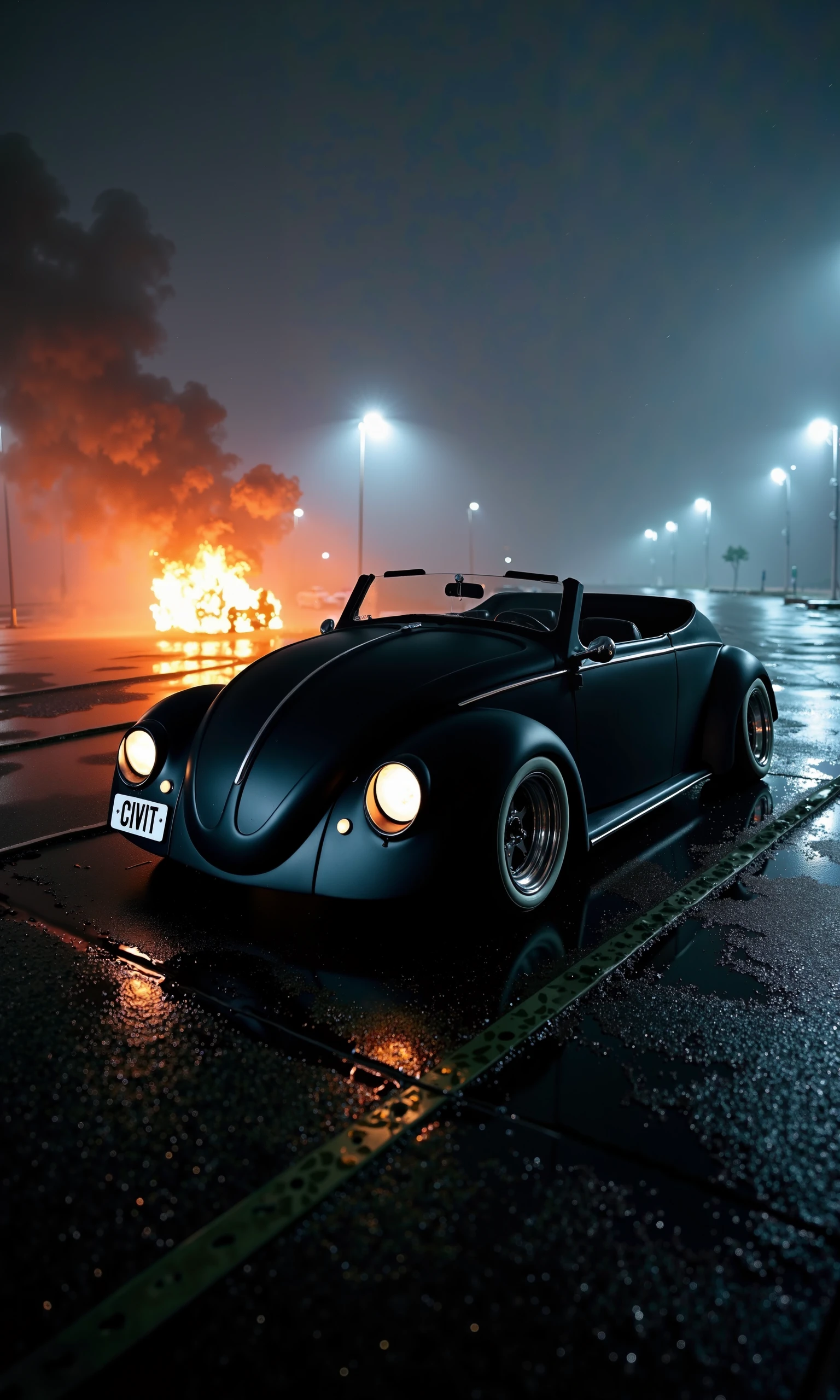 an eerie, cinematic night scene set in an empty, rain-soaked parking lot under the dim glow of streetlights. In the center of the lot,front view of  a polished, matte black Beetle cabrio sits, its sleek, glossy finish reflecting the scattered pools of water on the asphalt. Custom whitewall tires and chrome accents gleam subtly under the harsh, cold light, adding a stark contrast to the moody environment. The side-mounted license plate reads 'CIVIT' in bold, clean lettering, illuminated by the faint light filtering through the fog that blankets the scene.

In the background, a burning shopping cart glows intensely, casting a warm orange and red light that contrasts sharply with the cool blue hues of the foggy night. The flames dance wildly, their light flickering off the Beetle’s polished surface, creating an almost surreal interplay of warm and cold tones. The mist and fog swirl around the scene, diffusing the light from distant street lamps, which casts soft, long shadows on the wet ground. Reflections of both the fire and streetlights shimmer across the glistening asphalt, adding depth and tension to the scene.

The overall composition conveys an unsettling sense of isolation and mystery, with the polished cabrio standing as a symbol of calm amidst the chaos of the flickering flames and the deserted urban environment.