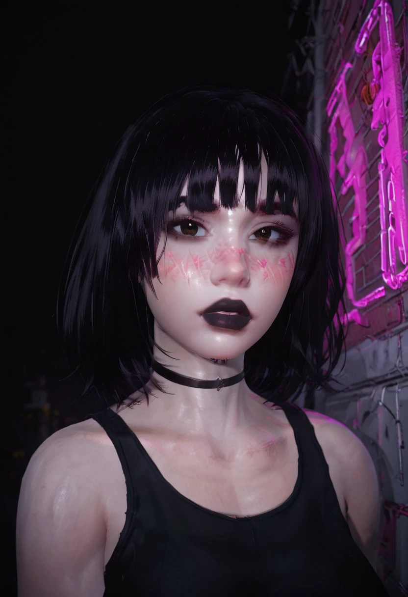 safe_pos, brown eyes, perfecteyes, black tank top, (black choker),  (black lips), seductive, thick bangs, medium hair, blush, nose blush, (winged eyeliner),
medium breasts, 43stl1ght1ng, low light, dramatic lighting, darkness, g0thicPXL, glowing, neon, neon sign, 