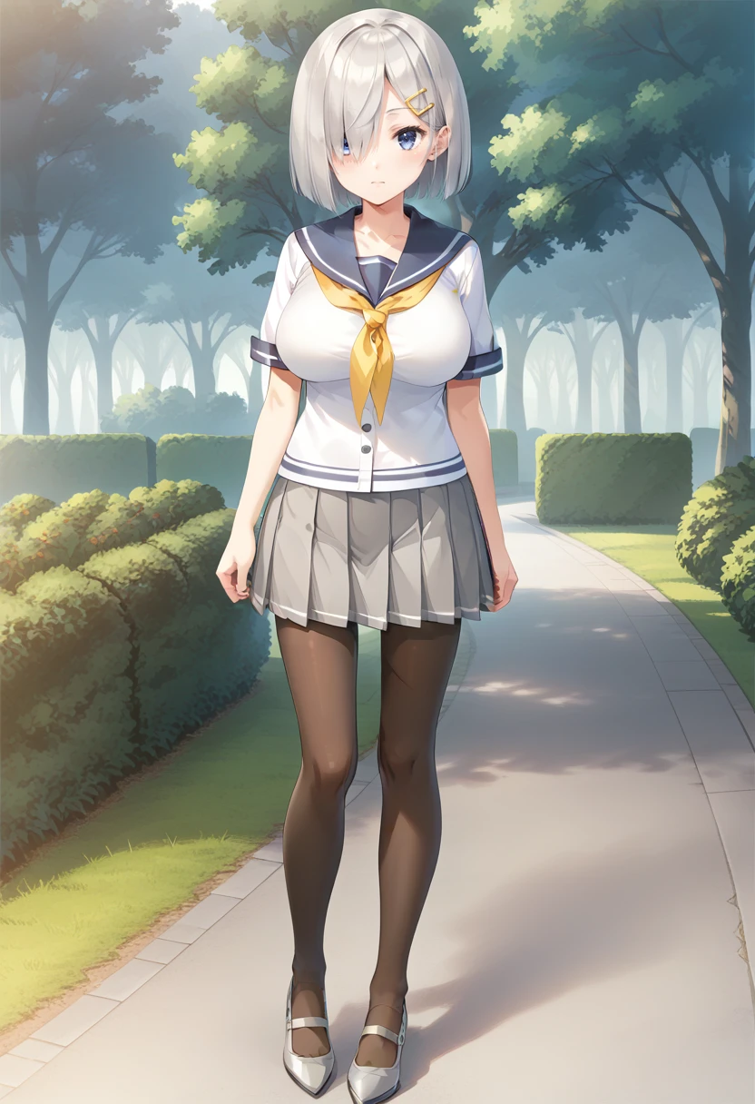 standing, full body, park,  <lora:KC_01DD_hamakaze_pony-000032:1> hamakazekc, grey hair, hairpin, short hair, bangs, hair over one eye, blue eyes, large breasts,           hamakazedefkc, serafuku, white shirt, blue sailor collar, yellow neckerchief, short sleeves, buttons,  grey skirt,  pleated skirt, miniskirt, brown pantyhose, grey shoes,, score_9,score_8_up, score_7_up, source_anime, masterpiece, best quality,  official art, official style, game cg, megami magazine, rating_safe, rating_questionable, NEGATIVE_HANDS,  <lora:DetailedPerfect_hands_r1:1>