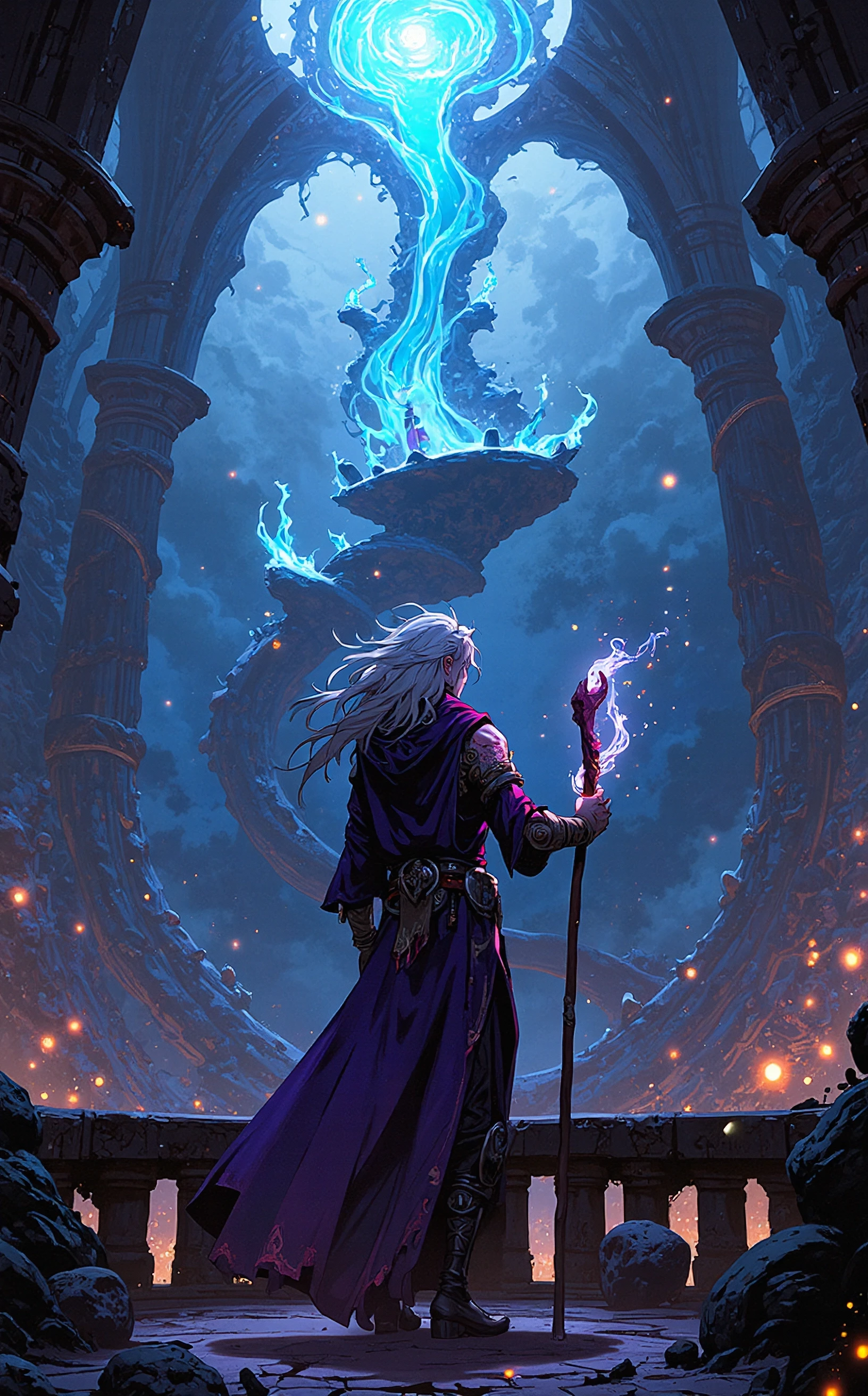 anime, niji, (off-center composition, three quarters), A mysterious sorcerer in a floating citadel stands at the edge of a balcony, gazing out over a dark and stormy landscape. He wears a flowing cloak that constantly shifts in color, from deep purples to metallic blues, as if alive. His silver hair falls in loose waves down his back, and his face is half-covered by a mask made of glowing blue crystals. In one hand, he holds a long staff with a swirling vortex of light at its tip, and his other hand emits faint tendrils of energy. Behind him, the citadel’s interior is visible—floating staircases, arcane symbols glowing on the walls, and magical orbs of light illuminating the space.