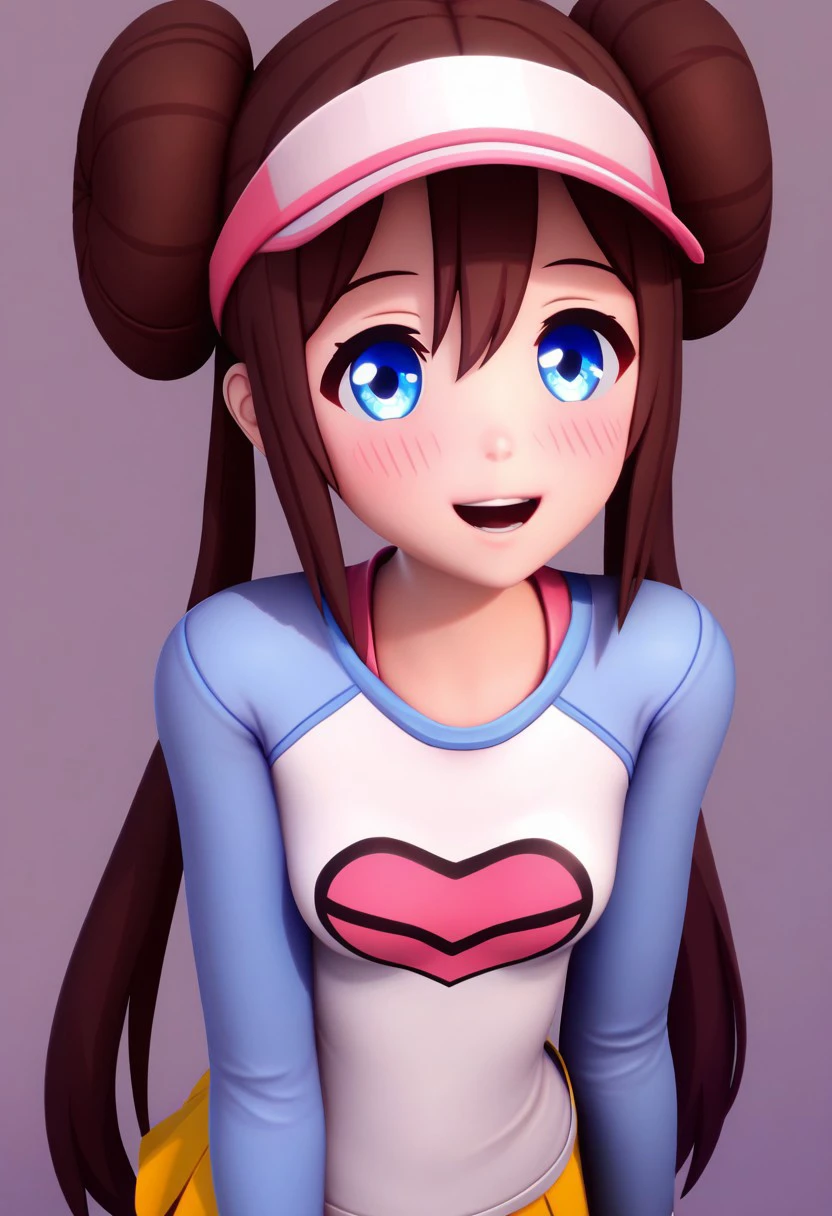 1girl, solo, long hair, looking at viewer, blush, smile, open mouth, blue eyes,:d, heart, teeth, borrowed character, rosa, brown hair, double bun, hair bun, blue eyes, hair between eyes, twintails,pantyhose, pantyhose under shorts, raglan sleeves, skirt, yellow skirt, white shirt, blue sleeves, long sleeves, visor cap,v