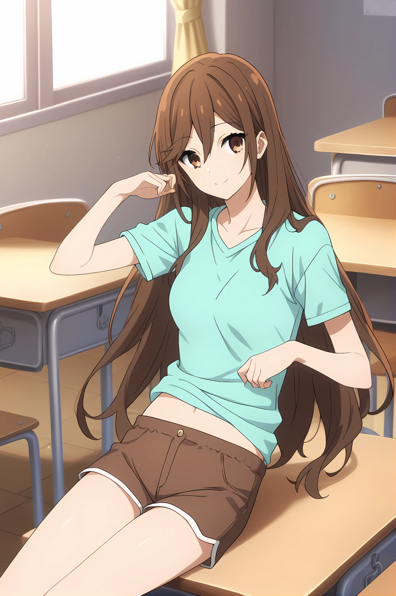 (aqua shirt brown shorts), hm-hori, brown hair, brown eyes, medium breasts, 1girl, solo, skinny, score_9, score_8_up, score_8, score_7_up, score_7, score_6_up, score_6, score_5_up, score_5, source_anime, light smile, classroom, (1.3::full body|sitting|standing|lying|straight-on|0.6::close-up| :1.20), , <lora:hm-hori-V01-000004:1.00>, long hair