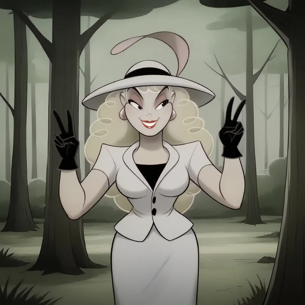 score_9_up, score_8_up, BREAK, FemmeFatale, 1girl, solo, blonde hair, long hair, black eyes, lipstick, hat, white suit, short sleeves, white skirt, black gloves, cowboy shot, double v, <lora:FemmeFatale_PalmSprings_PXL_Leaf1:1>, smile, outdoors, forest,