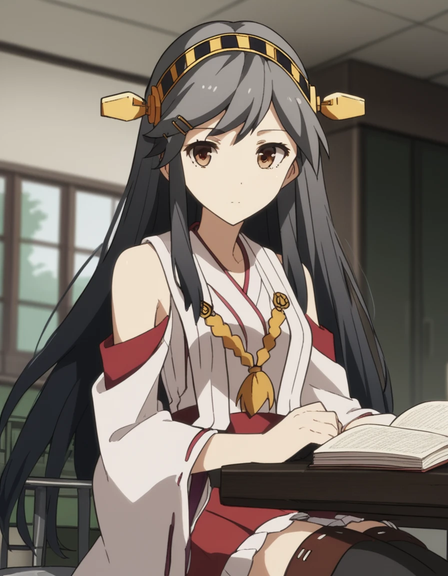 score_9, score_8_up, score_7_up, source_anime, <lora:kancolle-haruna-s1-ponyxl-lora-nochekaiser:1>, haruna, long hair, black hair, hair ornament, brown eyes, hairband, hairclip, haruna (kancolle), medium breasts, skirt, thighhighs, bare shoulders, detached sleeves, japanese clothes, headgear, nontraditional miko,, airport, waiting area, suitcase, flight delayed, passengers, reading book, , looking at viewer, sitting, elbow rest, table,, solo,, cowboy shot, dutch angle