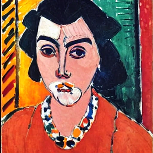 <lora:Matisse-10:1>, Matisse, A portrait of a woman in a colorful dress, with expressive eyes and intricate patterns.