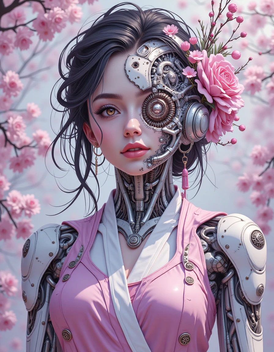 This is a highly detailed, digital art piece featuring a futuristic, humanoid character with a blend of organic and mechanical elements. The subject is a young woman with an androgynous face, adorned with intricate, metallic prosthetics that resemble advanced machinery. Her left eye is replaced by a complex, clockwork mechanism, adding to her otherworldly appearance.

Her hair is dark and styled in loose, flowing waves, with a few strands framing her face. A large, pink rose is delicately placed on her right side, secured by a thin stem, adding a touch of natural beauty to her mechanical form. She wears a pink, sleeveless kimono with a white undergarment, featuring a high collar and ornate, metallic buttons that reflect the light.

The background is a serene, pink-hued cherry blossom tree, with delicate branches and flowers that add a soft, ethereal quality to the scene. The overall atmosphere is one of peaceful, futuristic wonder, blending traditional Japanese aesthetics with advanced, sci-fi elements. The art style is highly realistic, with a focus on texture and detail, creating a captivating and immersive experience. The character's expression is calm and enigmatic, inviting the viewer to explore her unique, hybrid identity. The image is rich in texture and color, with a clear emphasis on the intersection of technology and nature. The artist's use of light and shadow adds depth and dimension to the scene. The style is reminiscent of high-end digital art, possibly from a game or anime-inspired source. The image is highly detailed, with a focus on realism and texture, making it a captivating and thought-provoking piece of art. The artist's attention to detail and use of color create a vivid, immersive experience. The overall mood is one of serene, futuristic wonder. The image is a blend of traditional and modern elements, showcasing the artist's skill in combining different styles and themes. The character's expression is calm and enigmatic, inviting the viewer to explore her unique, hybrid identity. The artist's use of light and shadow adds depth and dimension to the scene, making it a captivating and thought-provoking piece of art. The style is reminiscent of high-end digital art, possibly from a game or anime-inspired source. The image is highly detailed, with a focus on realism and texture, making it a captivating and immersive experience. The overall mood is one of serene, futuristic wonder. 