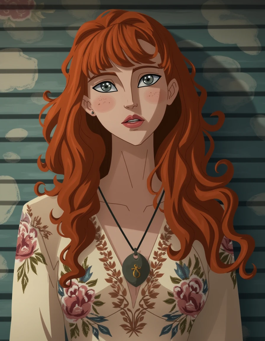 An upper body image of a beautiful young lady, long curly orange hair, long bangs,  bright silver eyes, and bold eyeliner. She has thick eyebrows and long eyelashes, long fingernails,  and her lips are shiny and full. She wears an amulet heart, rimless eyewear,  and a helix piercing.
The background is Graffiti-covered metal shutters on closed storefronts.Scuffed, stained concrete in industrial areas, Grass and weeds growing in the cracks of old sidewalks
Her outfit are Bohemian long-sleeve maxi dress with floral embroidery.
 <lora:tw1l1g0dsstyl3v4:1> tw1l1g0dsstyl3