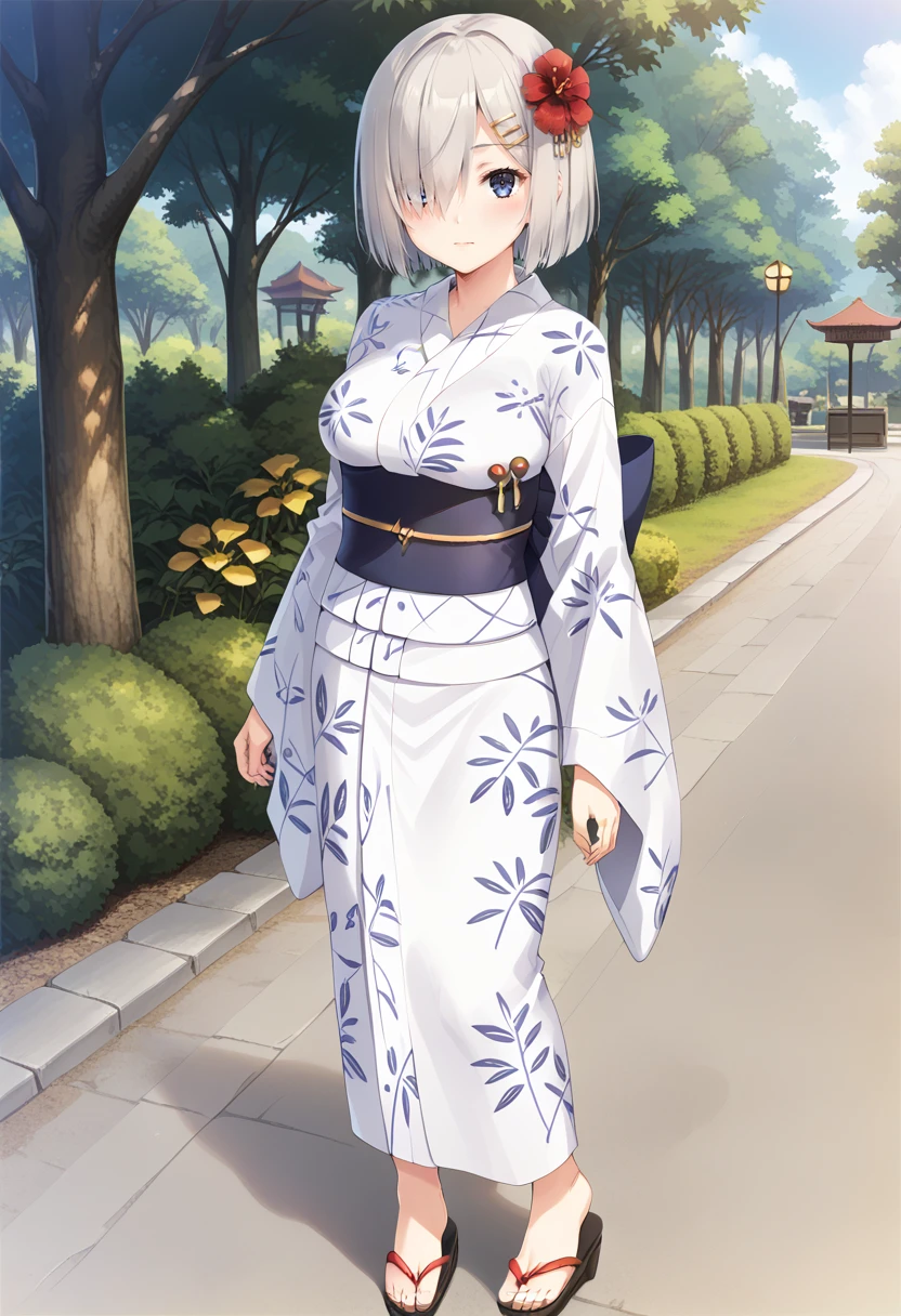 standing, full body, park,  <lora:KC_01DD_hamakaze_pony-000032:1> hamakazekc, grey hair, hairpin, short hair, bangs, hair over one eye, blue eyes, large breasts,           hamakazeyukatakc, white yukata, print kimono, hair flower, long sleeves, wide sleeves, obi, sash, sandals, score_9,score_8_up, score_7_up, source_anime, masterpiece, best quality,  official art, official style, game cg, megami magazine, rating_safe, rating_questionable, NEGATIVE_HANDS,  <lora:DetailedPerfect_hands_r1:1>